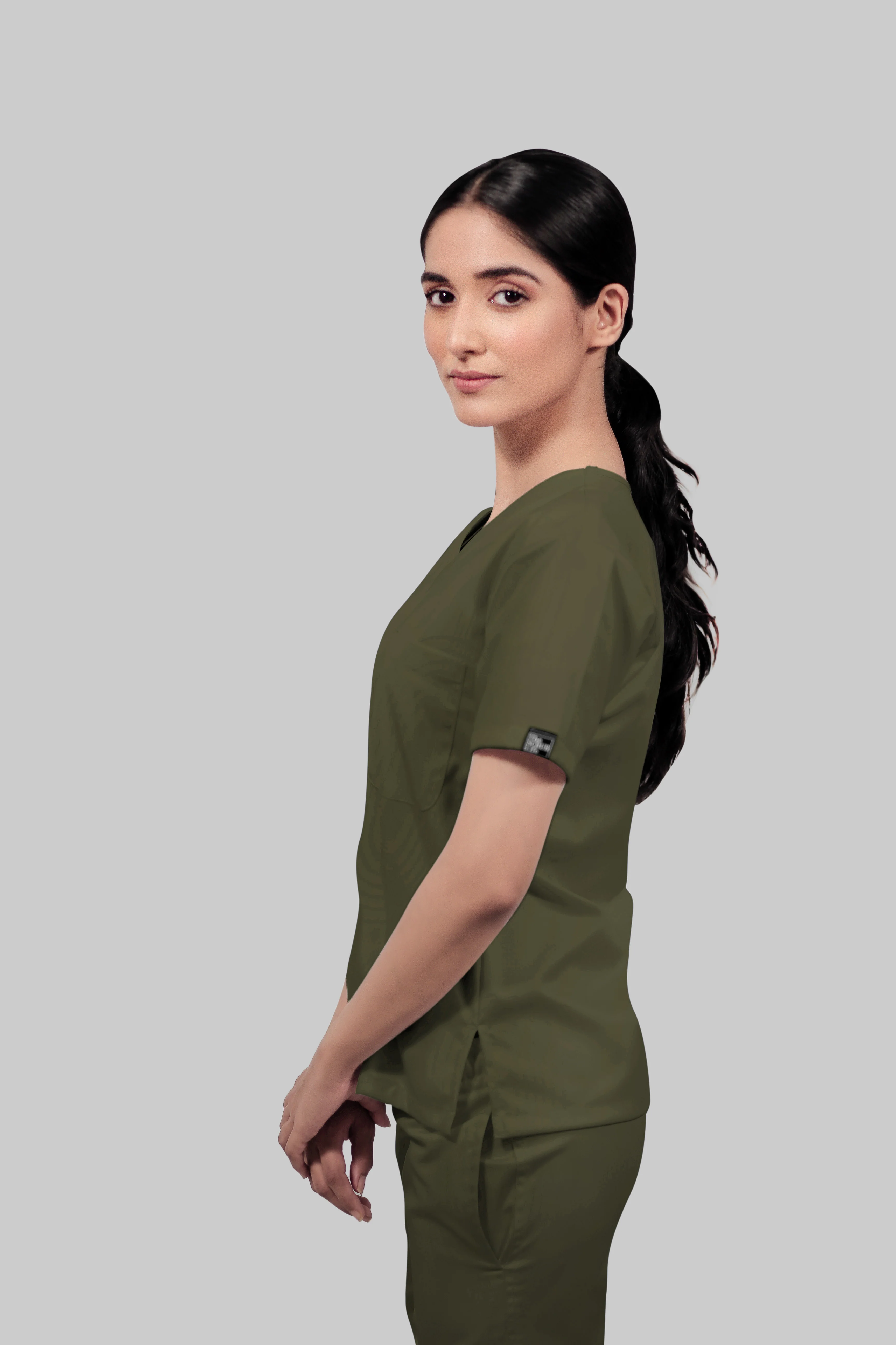 Stretchable (4Way) Women Olive Green V-Neck With Straight Pant Scrub Set - Image 3