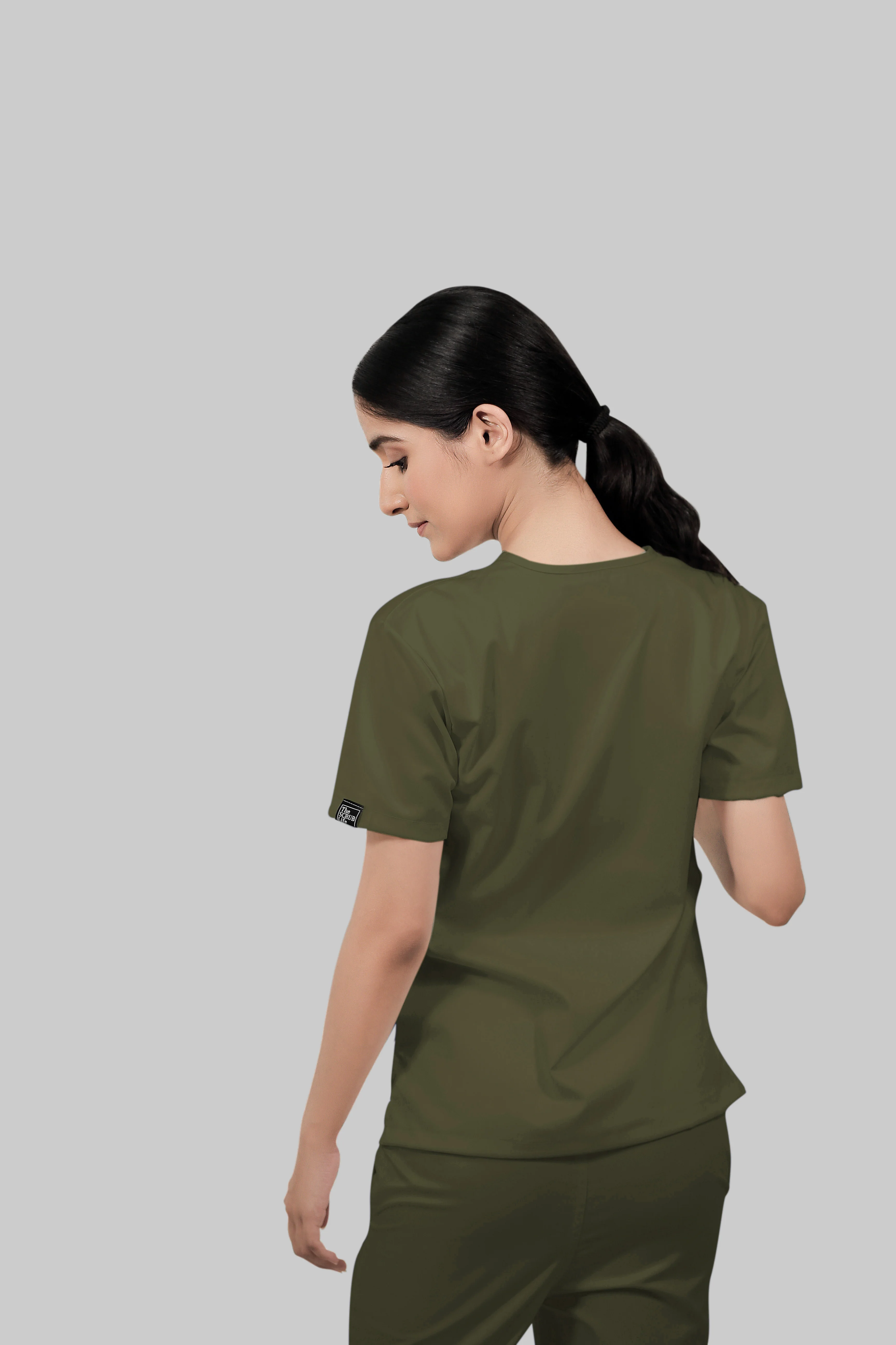 Stretchable (4Way) Women Olive Green V-Neck With Straight Pant Scrub Set - Image 5