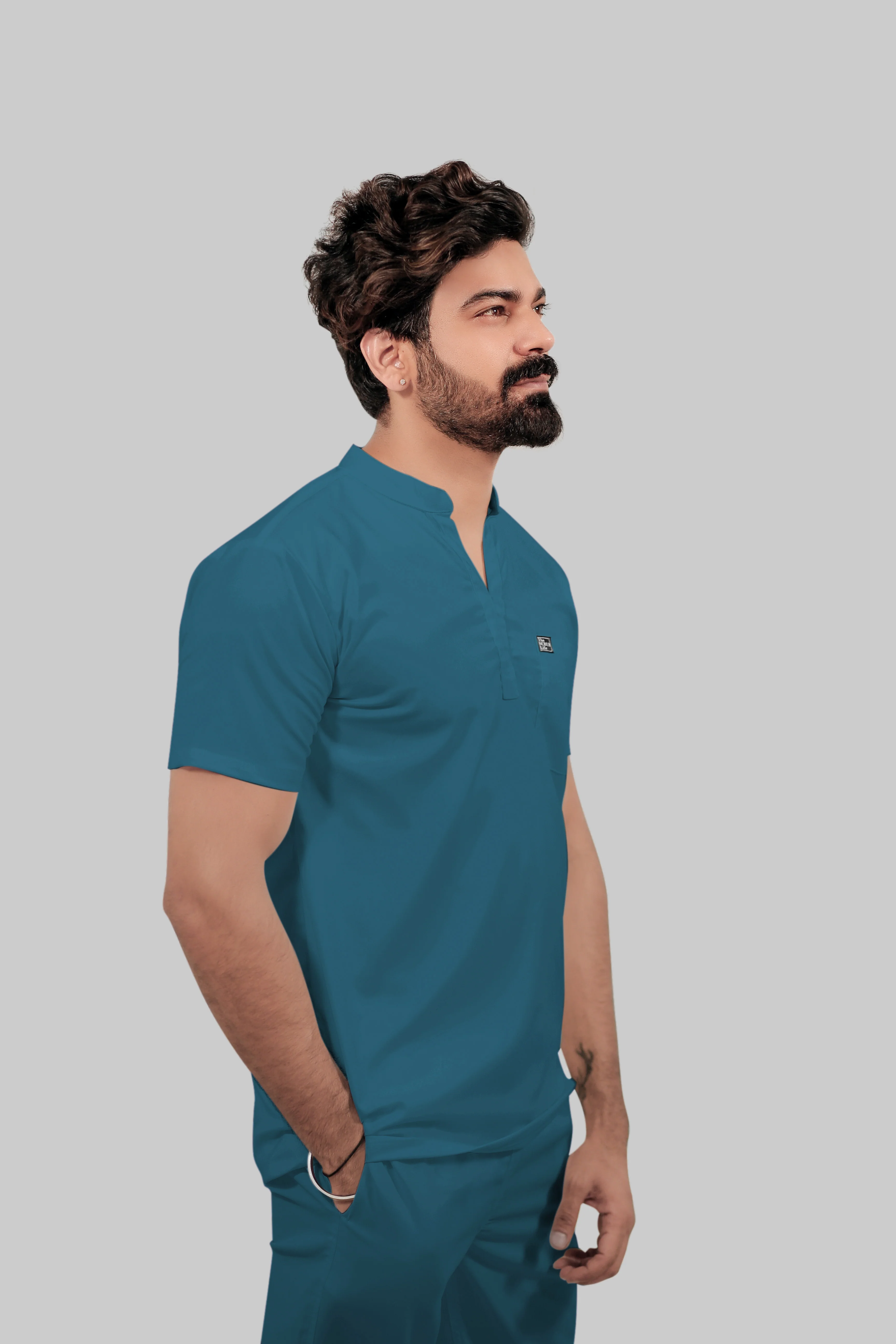Stretchable (4Way) Men Peacock Blue Mandarin Neck with Jogger Scrub Set - Image 3