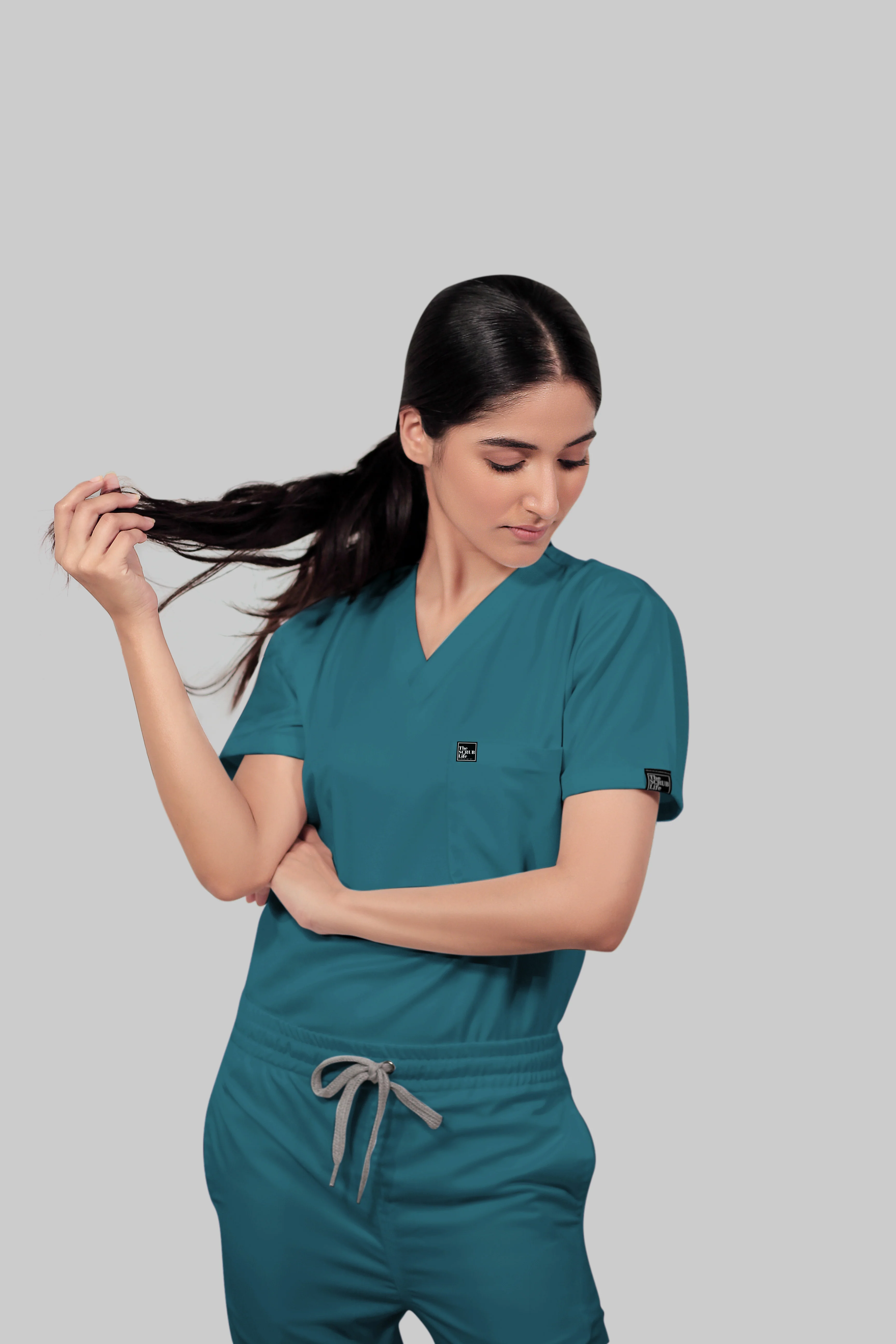 Stretchable (4way) Women Peacock Blue V-Neck With Straight Pant Scrub Set - Image 4