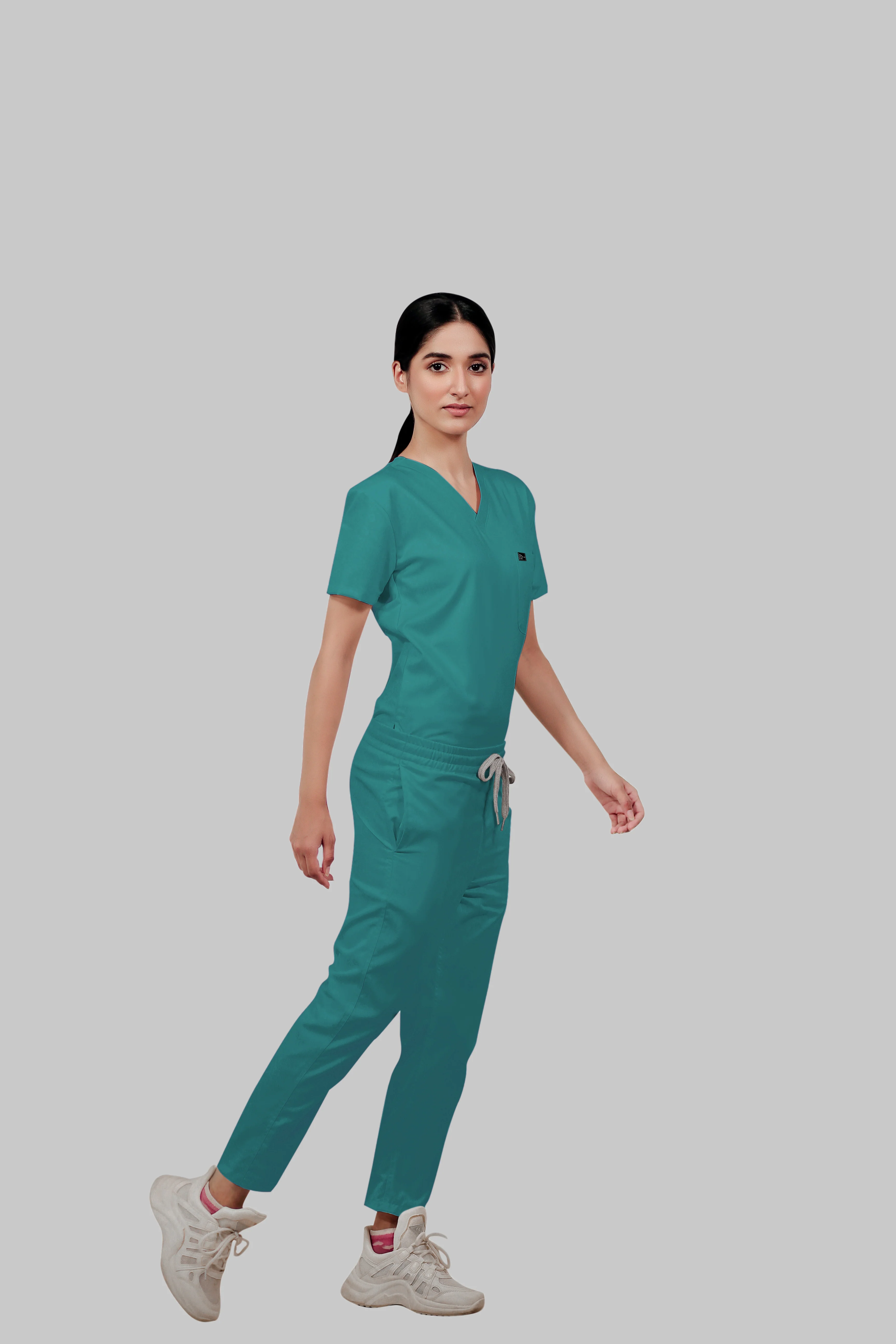 Stretchable (4way) Women Peacock Blue V-Neck With Straight Pant Scrub Set - Image 5