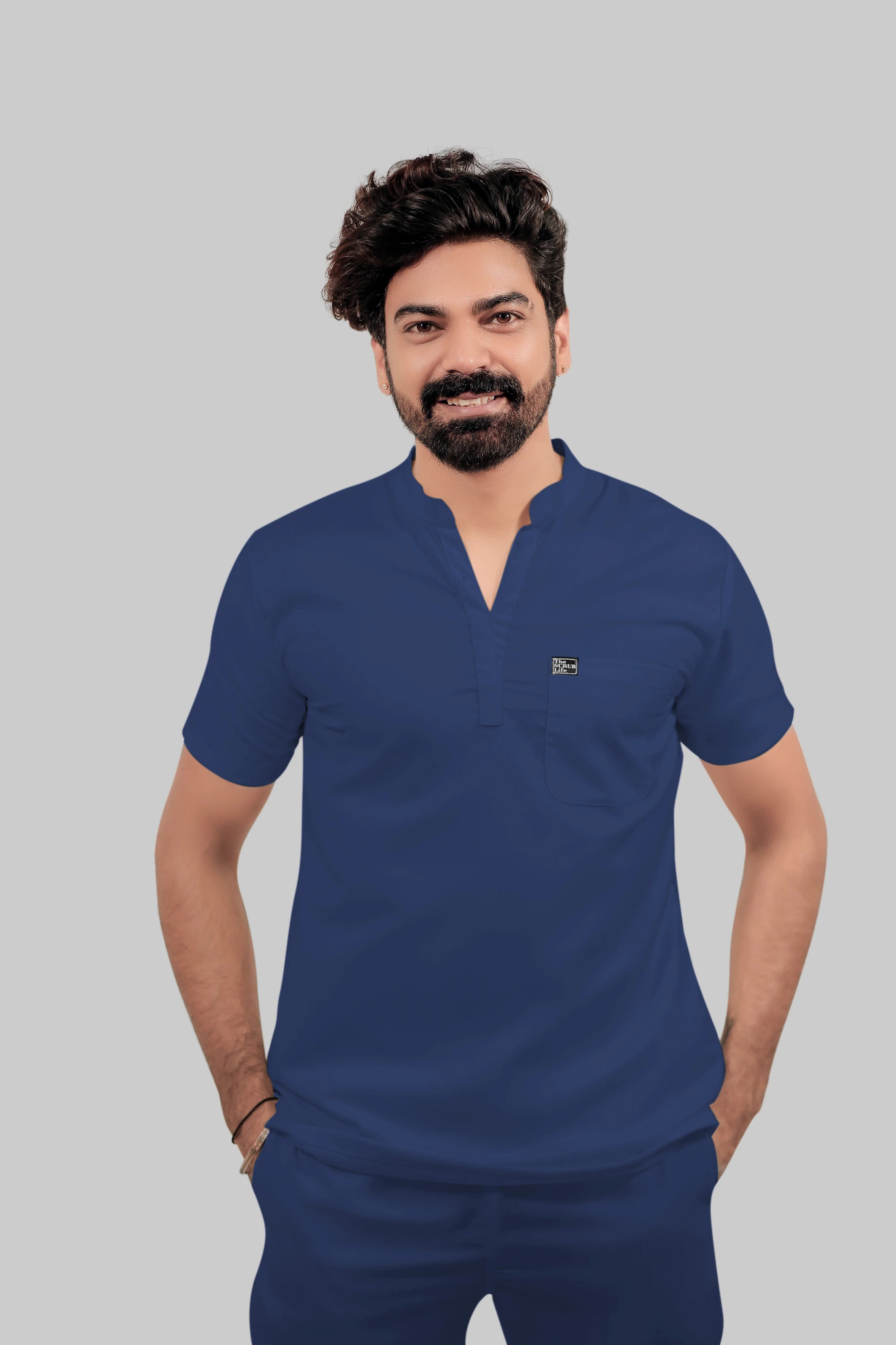 Stretchable (4Way) Men Royal Blue Mandarin Neck with Jogger Scrub Set - Image 3
