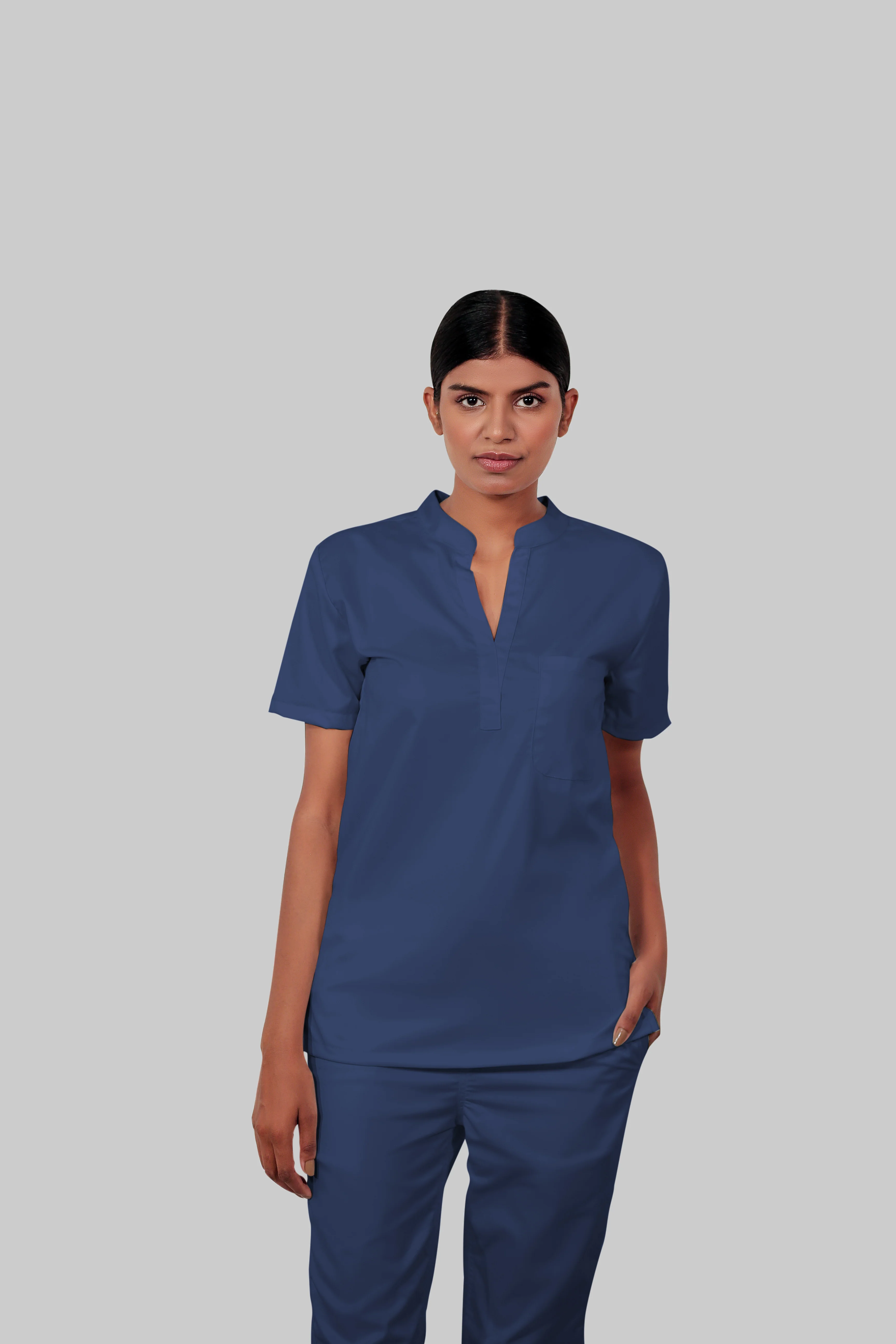 Stretchable (4Way) Women Royal Blue Mandarin Neck With Straight Pant Scrub Set - Image 3