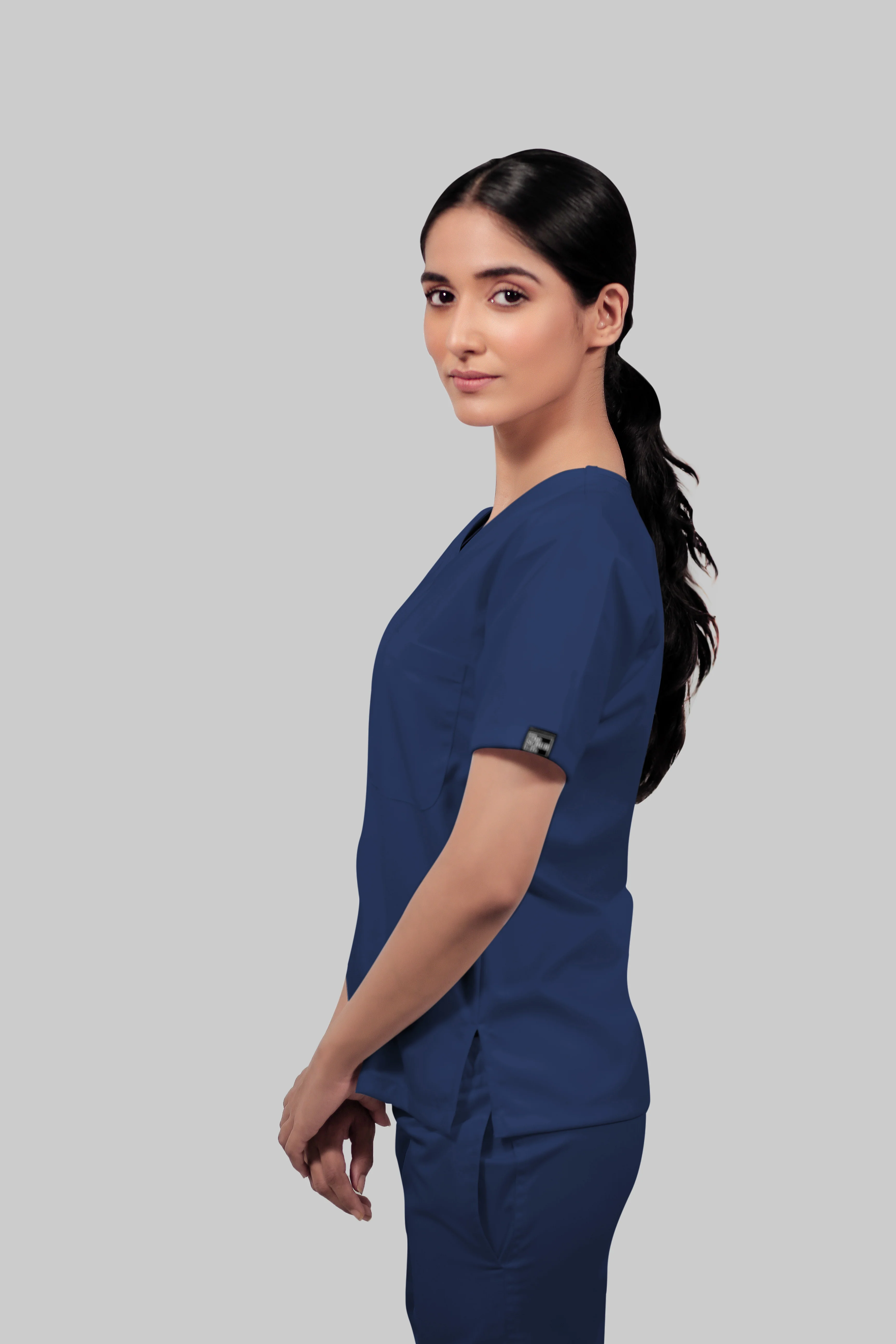 Stretchable (4Way) Women Royal Blue V-Neck With Straight Pant Scrub Set - Image 3