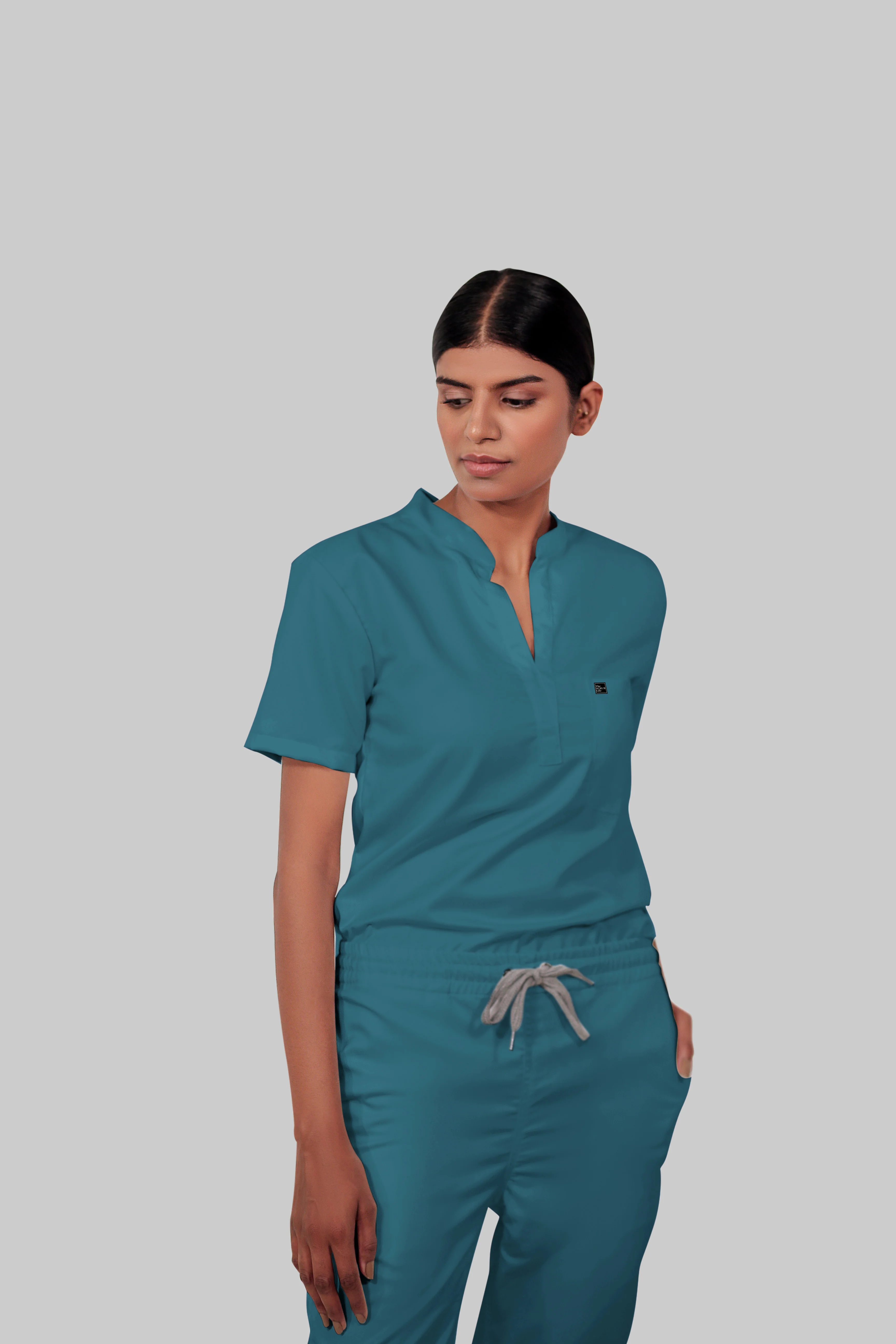 Stretchable (4Way) Women Peacock Blue Mandarin Neck With Straight Pant Scrub Set - Image 4