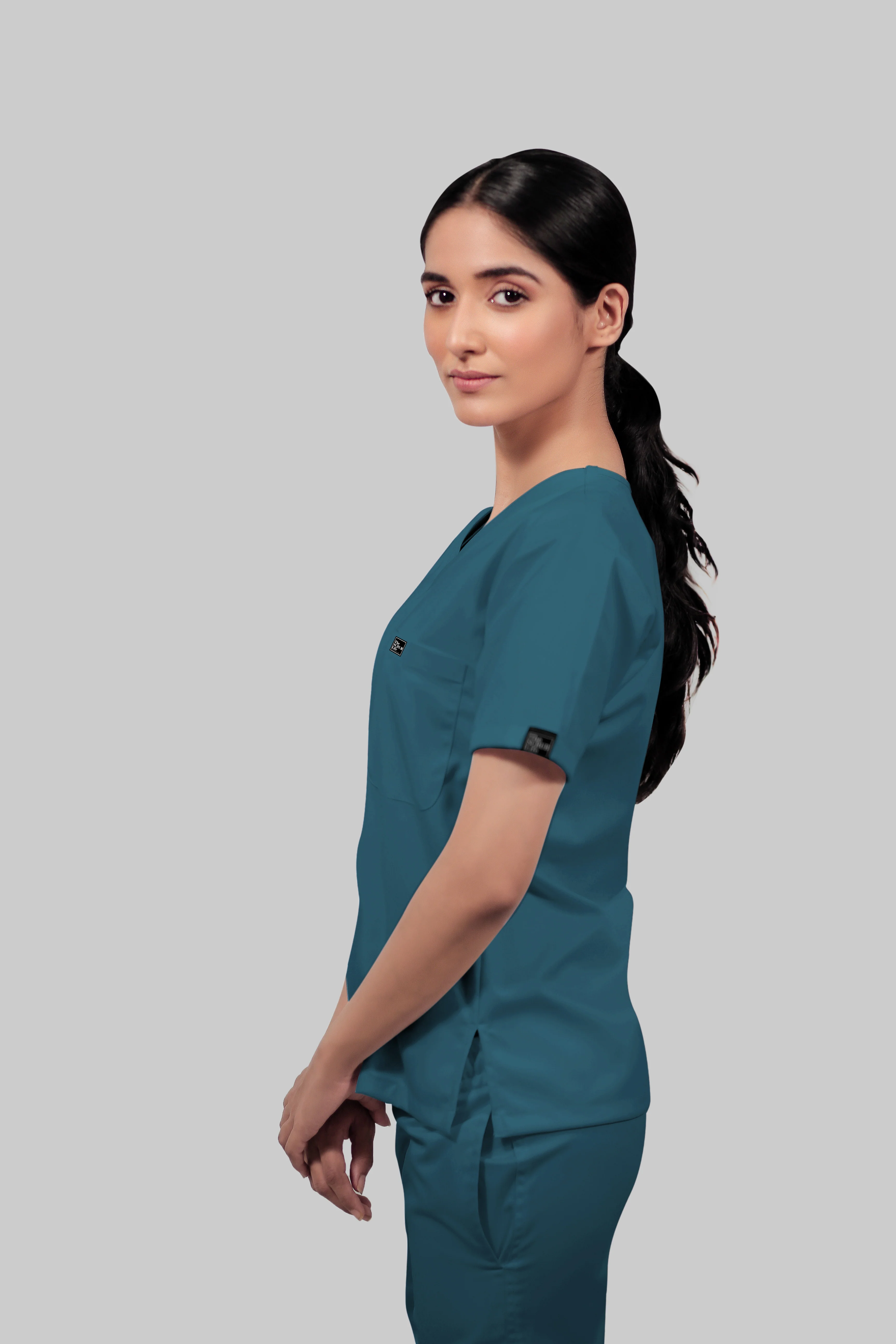 Stretchable (4Way) Women Peacock Blue V-Neck Scrub Top - Image 3