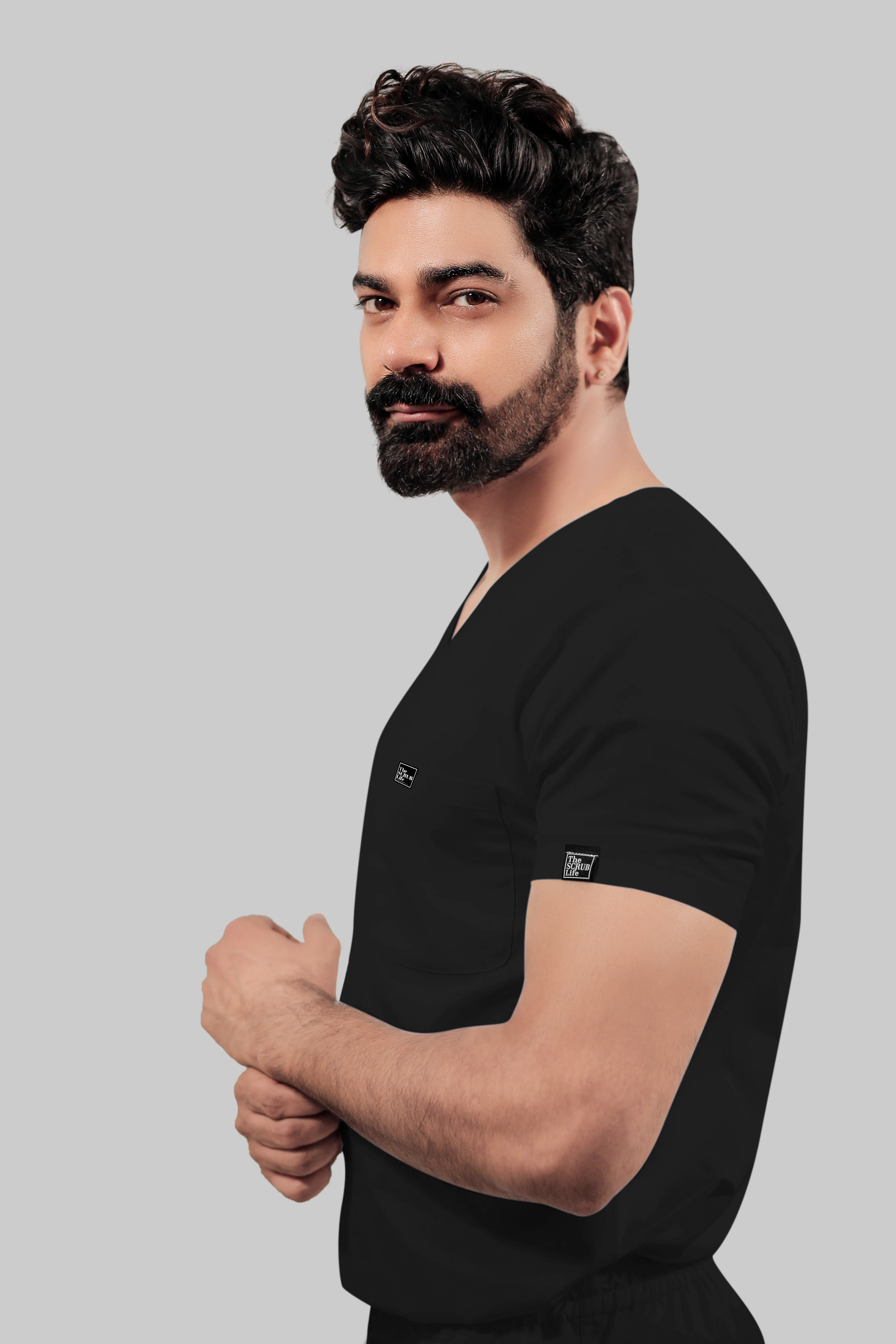 Stretchable (4Way) Men V-Neck Black Scrub Top - Image 3