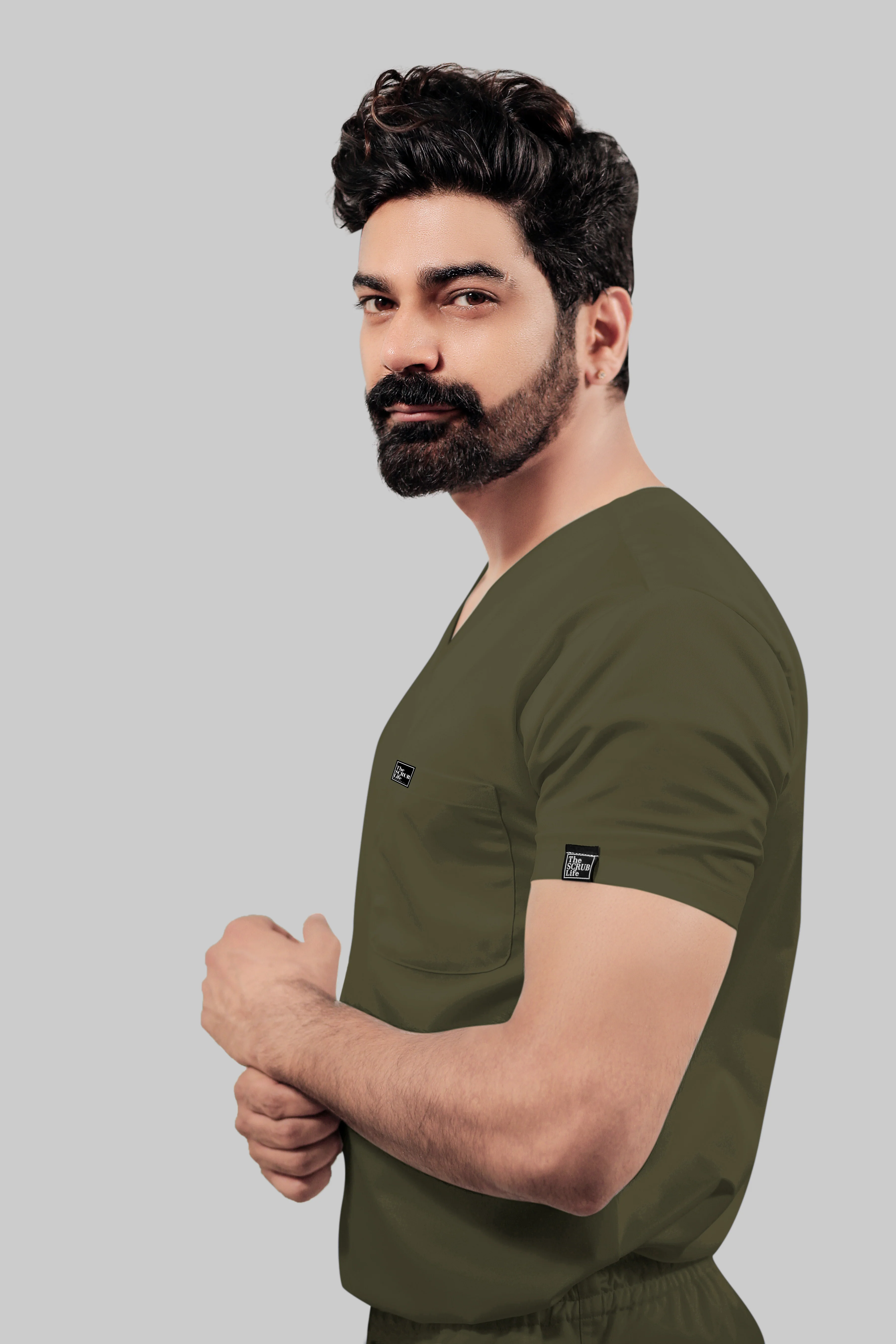Stretchable (4Way) Men V-Neck Olive Green Scrub Top - Image 3