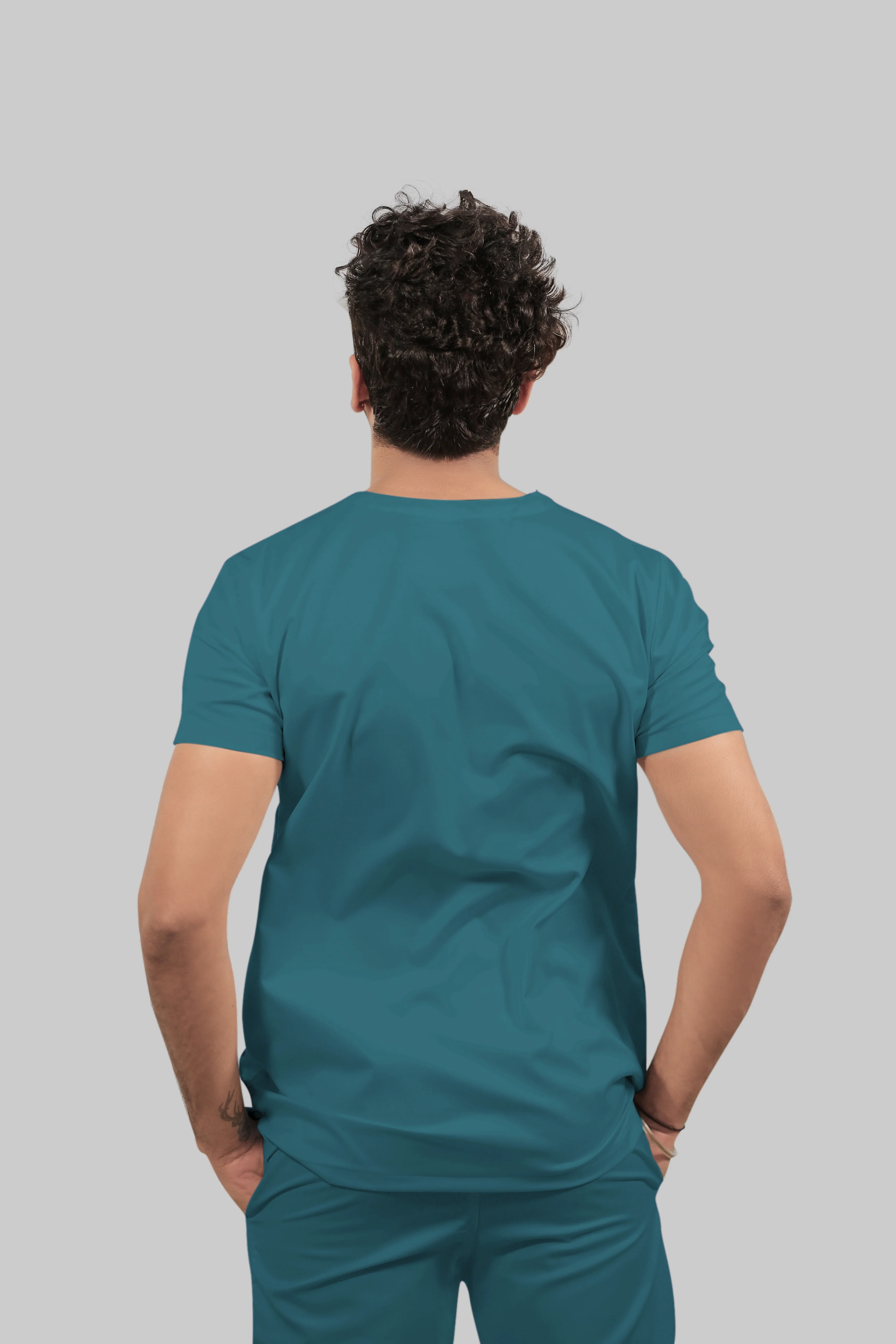 Stretchable (4Way) Men V-Neck Peacock Blue Scrub Top - Image 4
