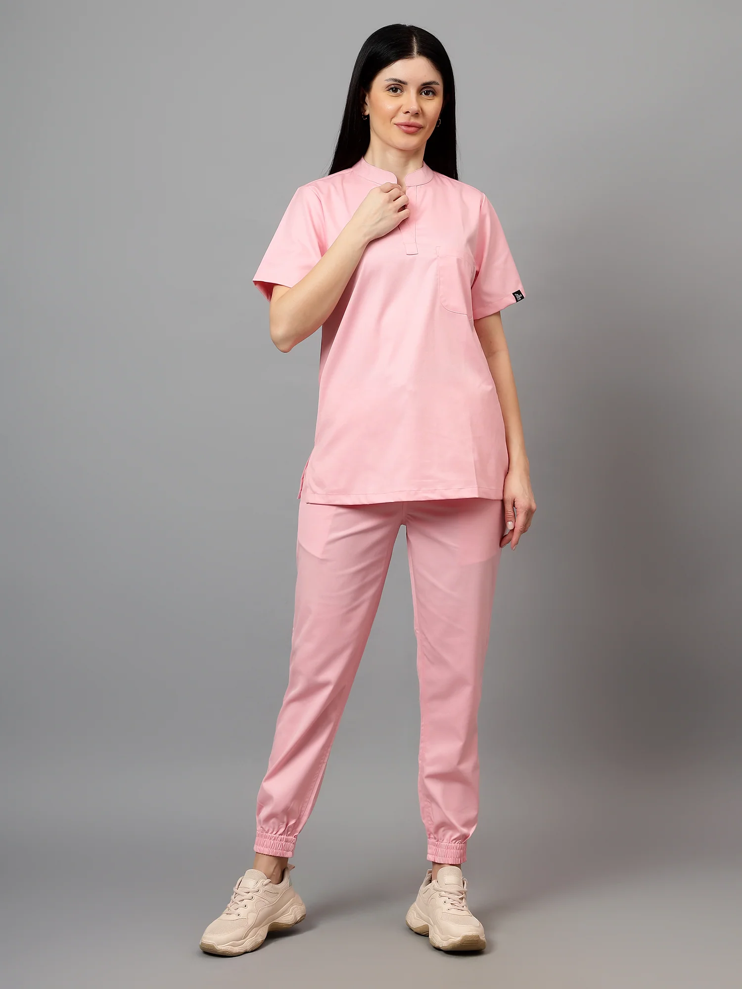 Stretchable (2Way) Women Powder Pink Mandarin Neck With Jogger Scrub Set - Image 3