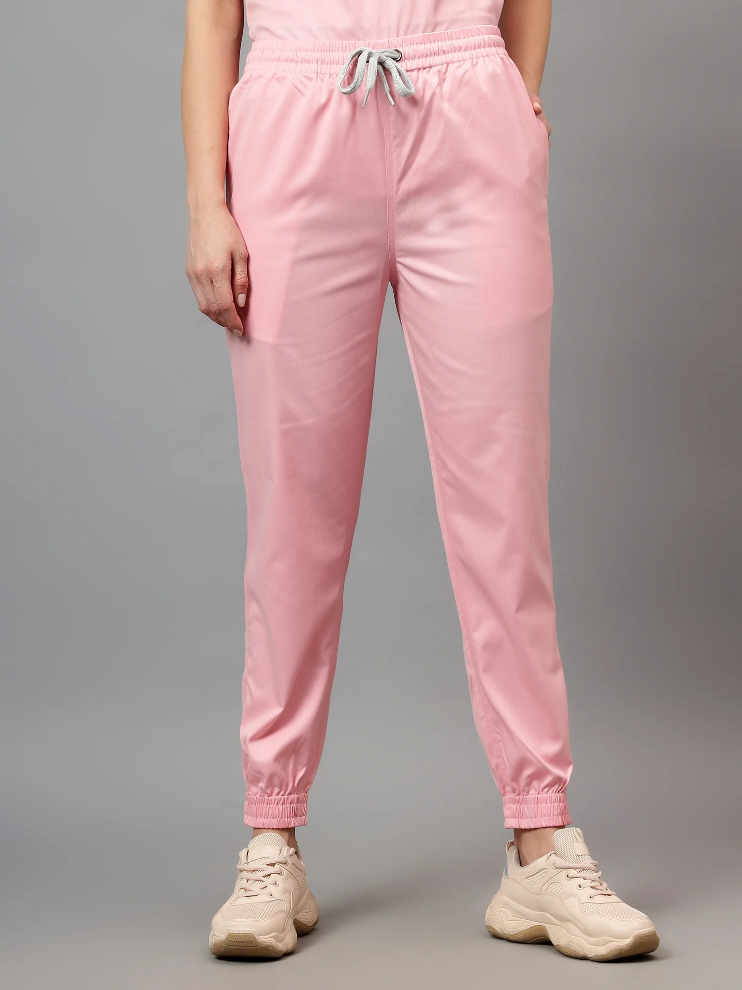 Stretchable (2Way) Women Powder Pink V-Neck With Jogger Scrub Set - Image 2
