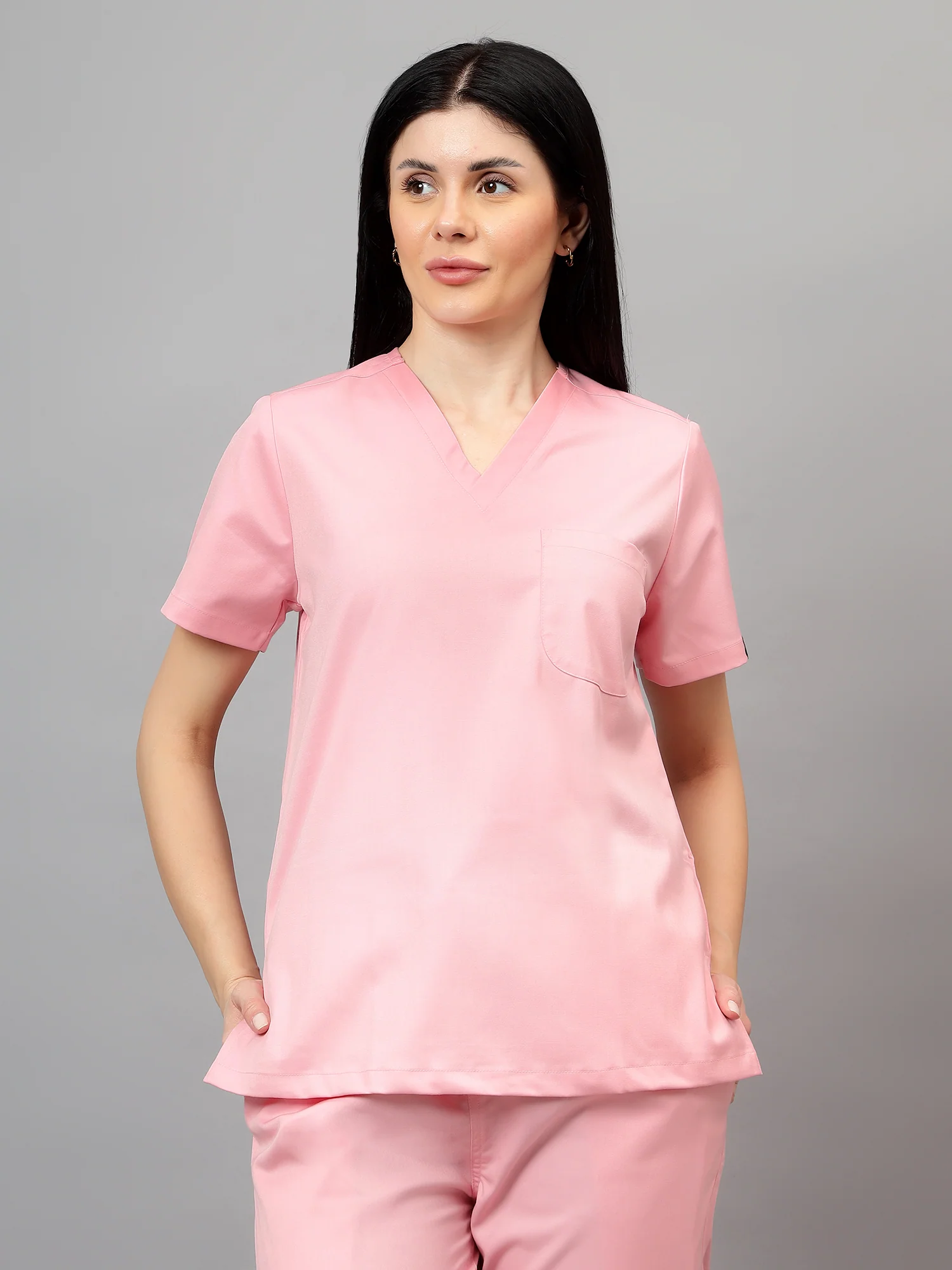 Stretchable (2Way) Women Powder Pink V-Neck With Jogger Scrub Set - Image 3