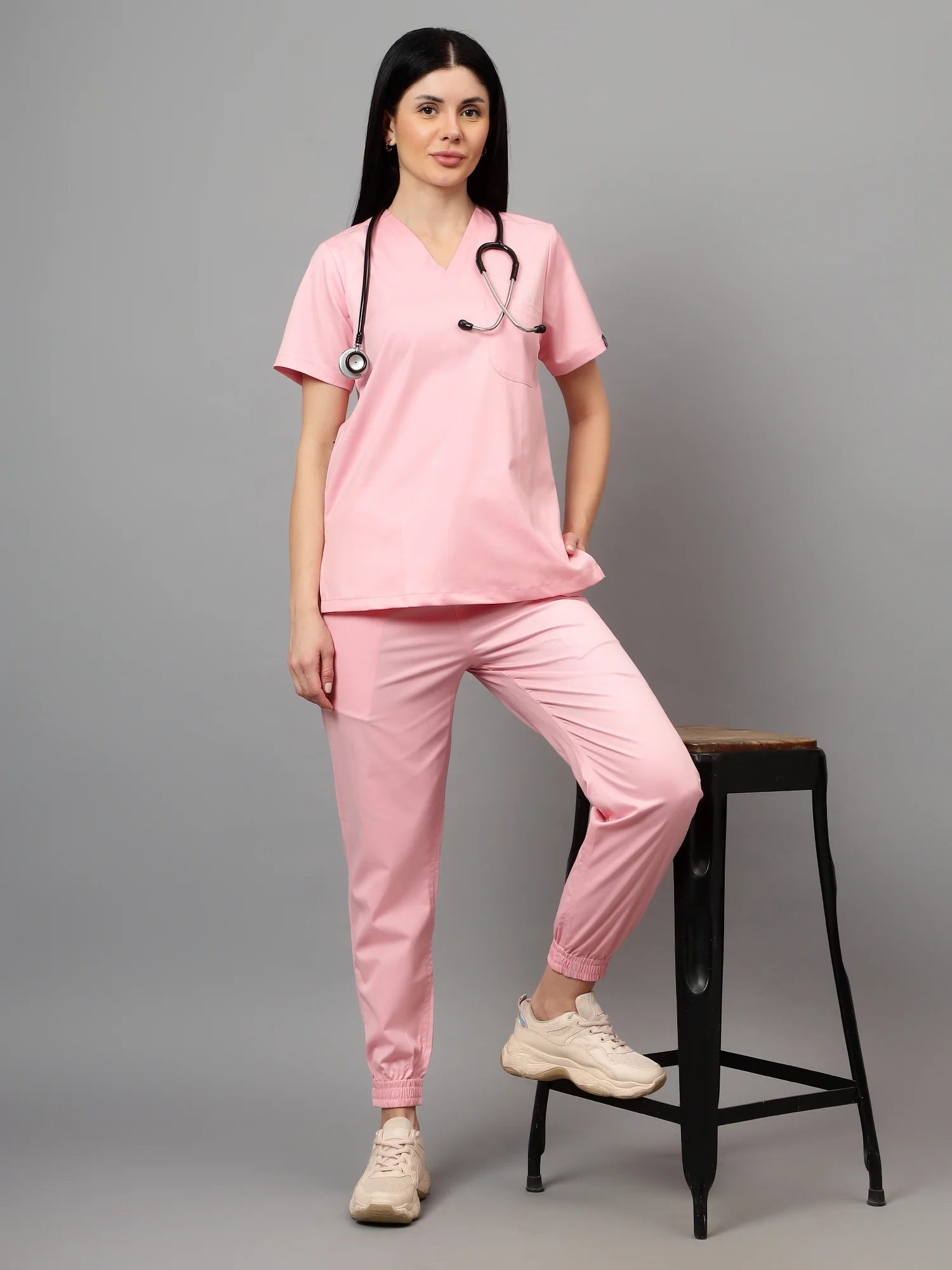 Stretchable (2Way) Women Powder Pink V-Neck With Jogger Scrub Set - Image 5