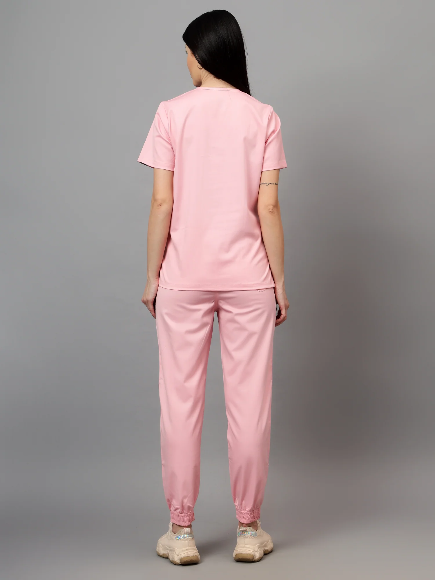 Stretchable (2Way) Women Powder Pink V-Neck With Jogger Scrub Set - Image 8