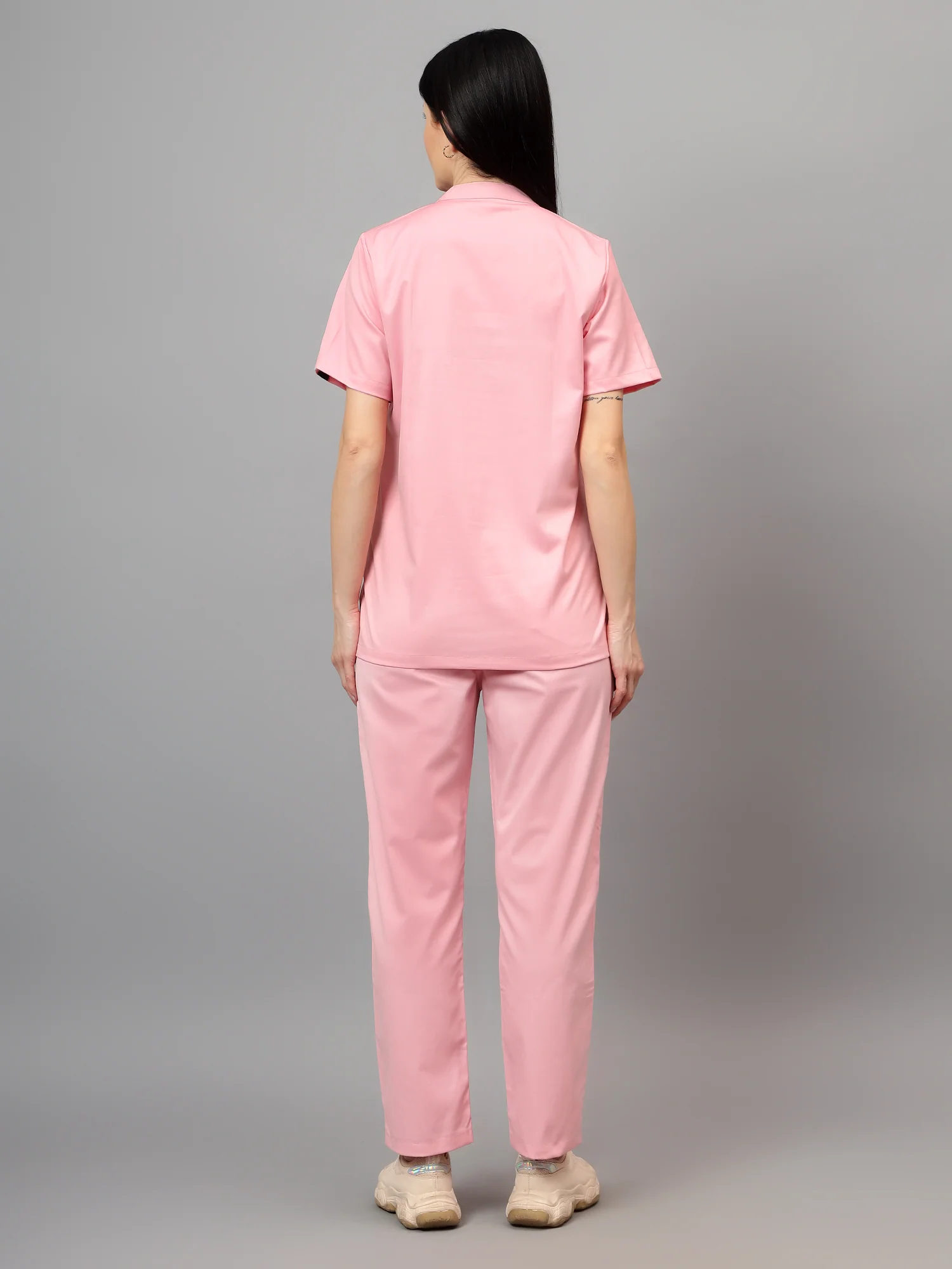 Stretchable (2Way) Women Powder Pink Mandarin Neck With Straight Pant Scrub Set - Image 5