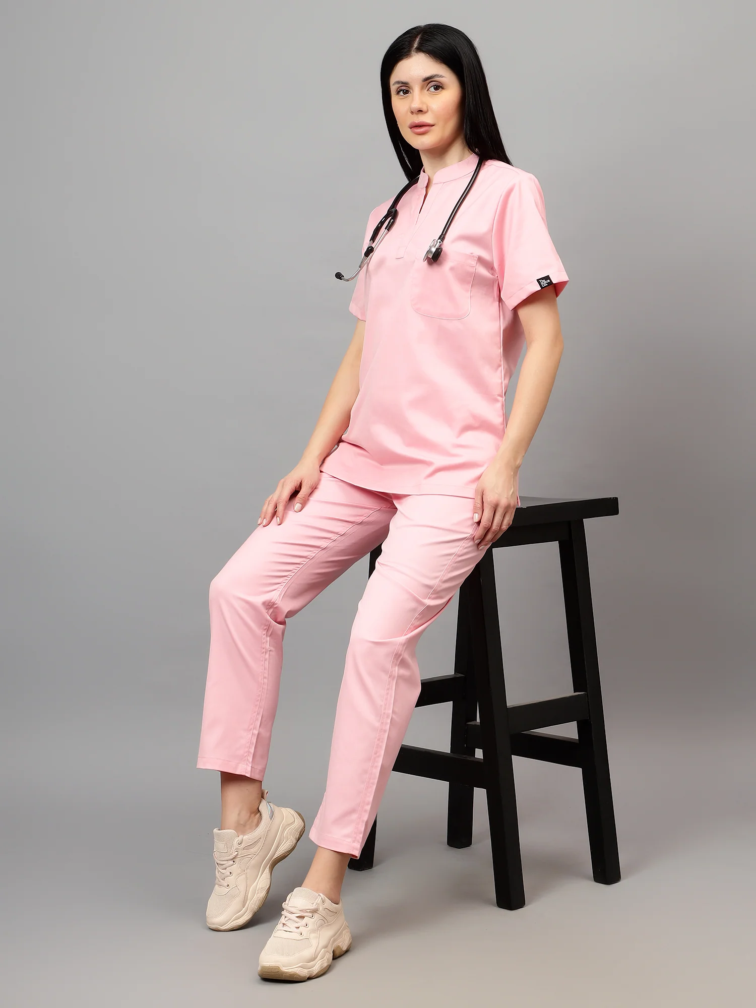 Stretchable (2Way) Women Powder Pink Mandarin Neck With Straight Pant Scrub Set - Image 7
