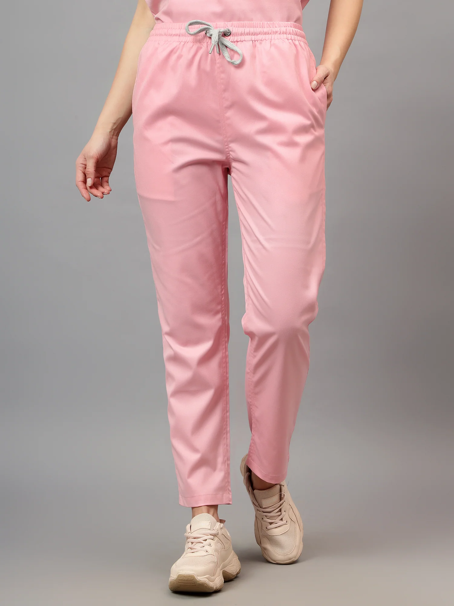 Stretchable (2Way) Women Powder Pink Mandarin Neck With Straight Pant Scrub Set - Image 8