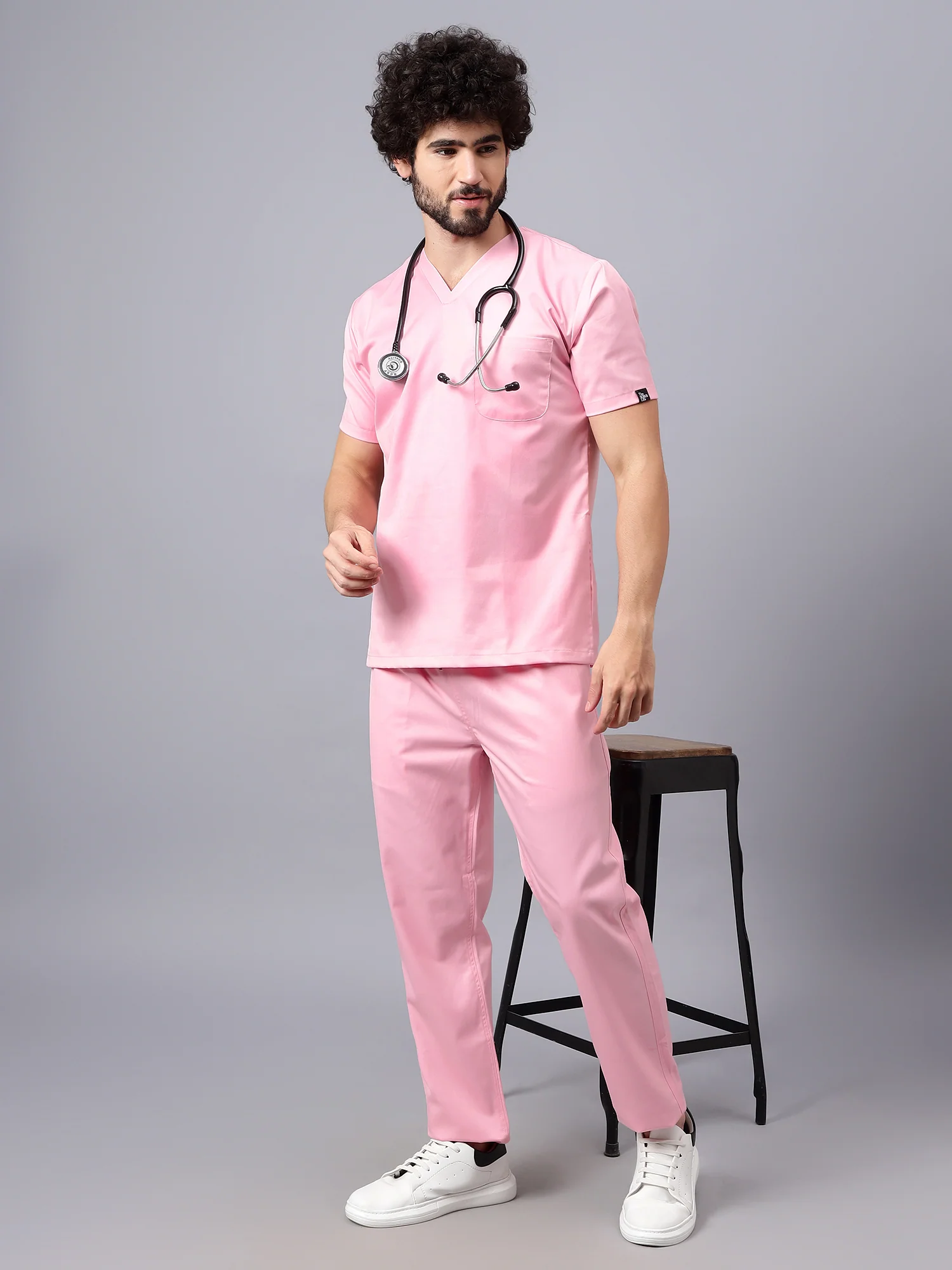 Stretchable (2Way) Men Powder Pink Mandarin Neck With Straight Pant Scrub Set - Image 4
