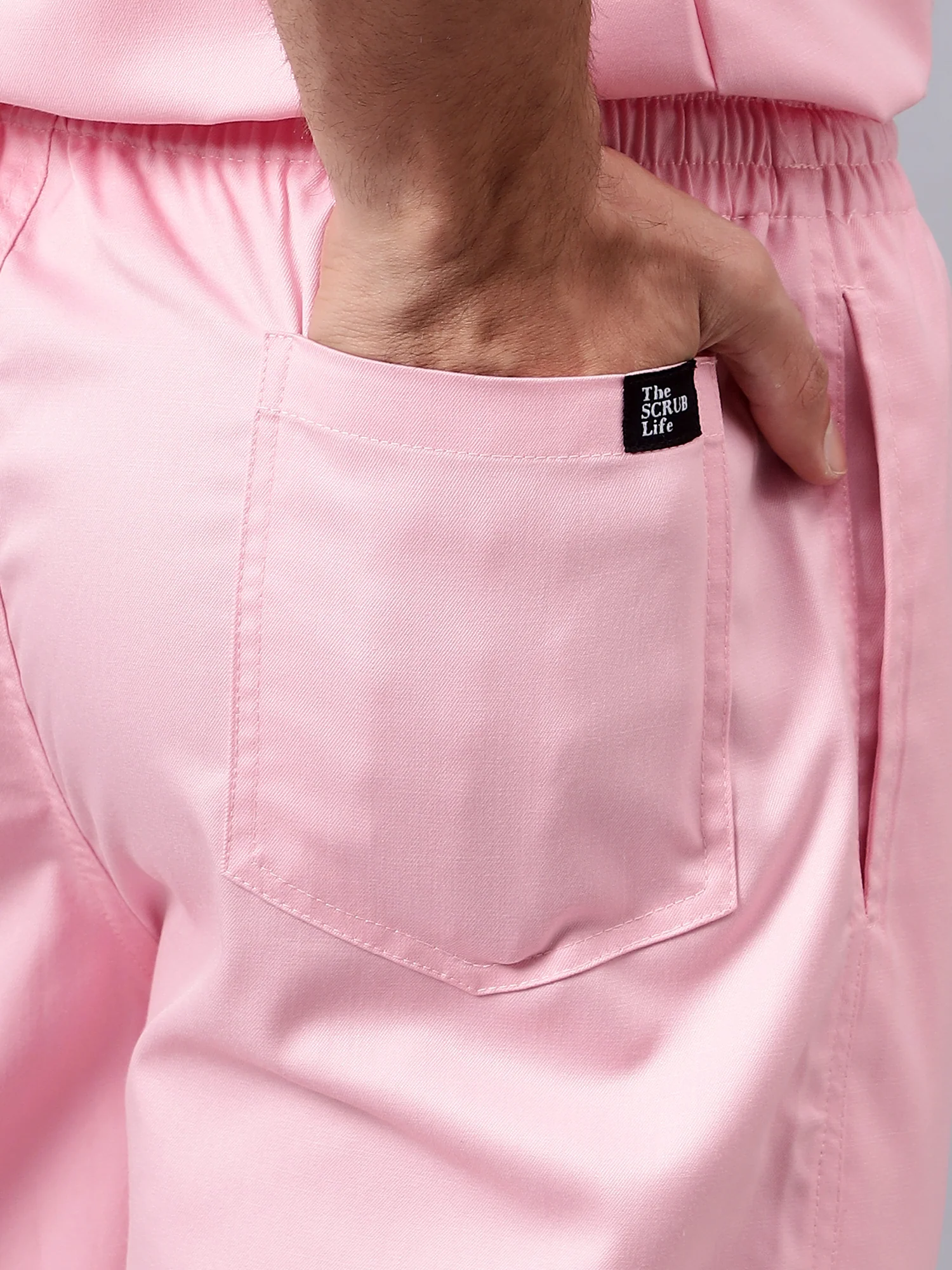 Stretchable (2Way) Men Powder Pink Mandarin Neck With Straight Pant Scrub Set - Image 5