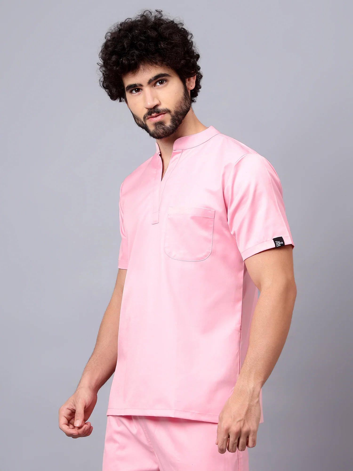Stretchable (2Way) Men Powder Pink Mandarin Neck With Straight Pant Scrub Set - Image 6