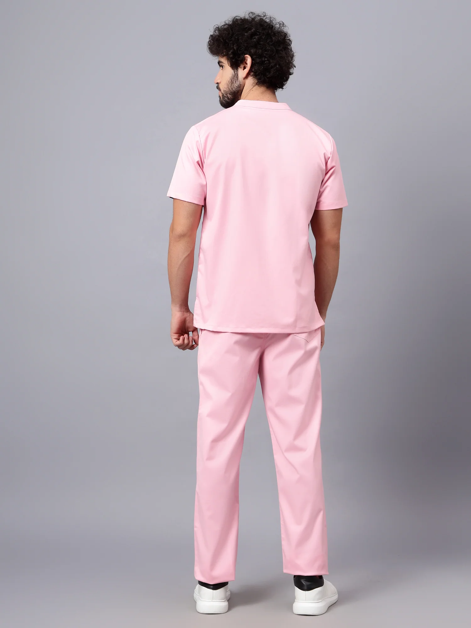 Stretchable (2Way) Men Powder Pink Mandarin Neck With Straight Pant Scrub Set - Image 7