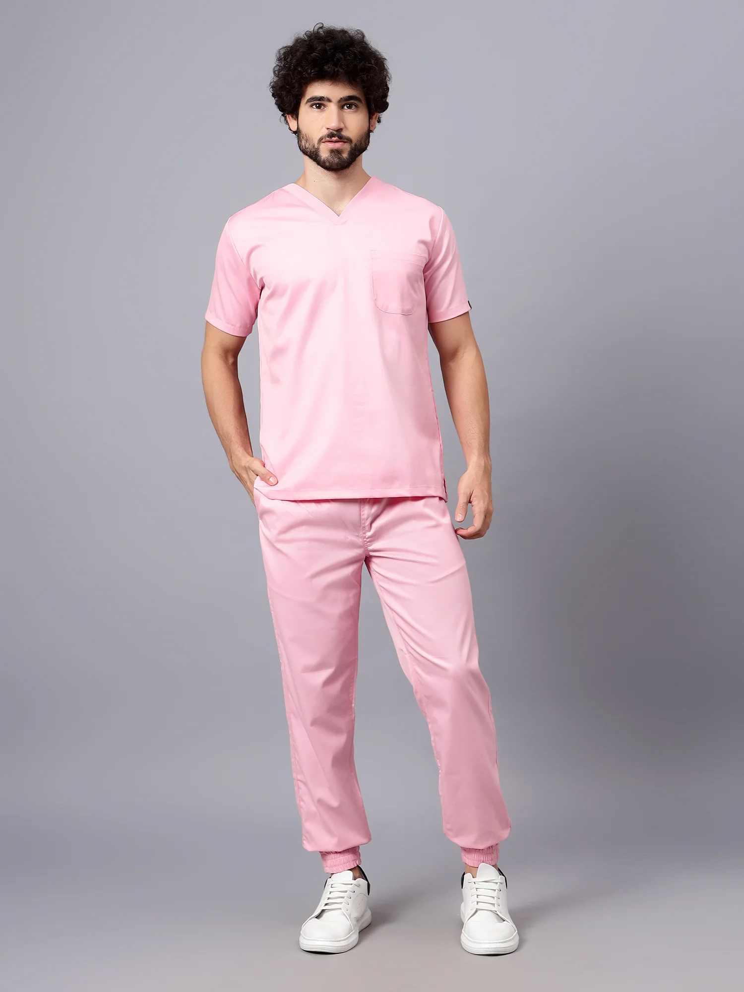 Stretchable (2Way) Men Powder Pink V-Neck With Jogger Scrub Set - Image 3