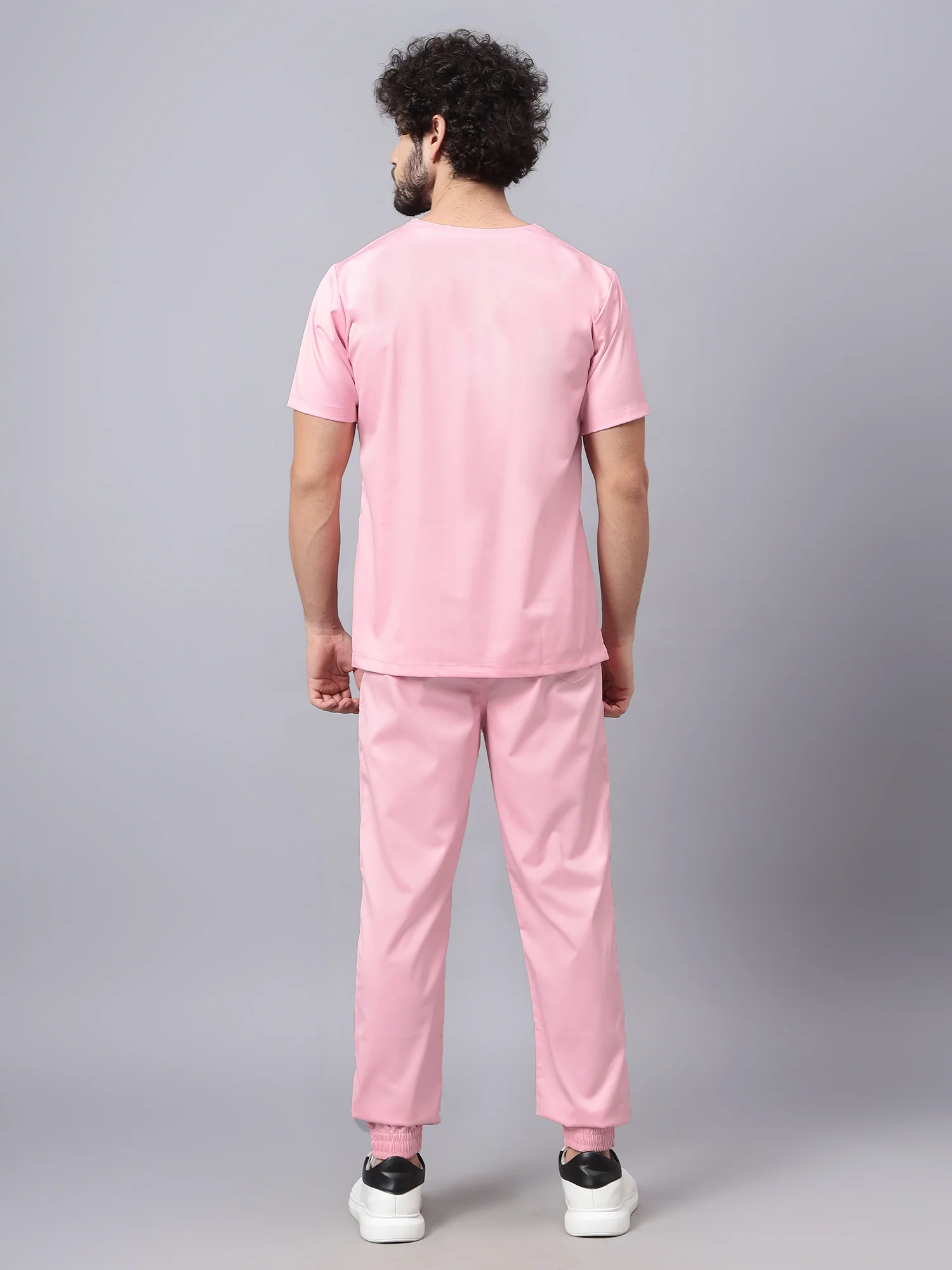 Stretchable (2Way) Men Powder Pink V-Neck With Jogger Scrub Set - Image 7