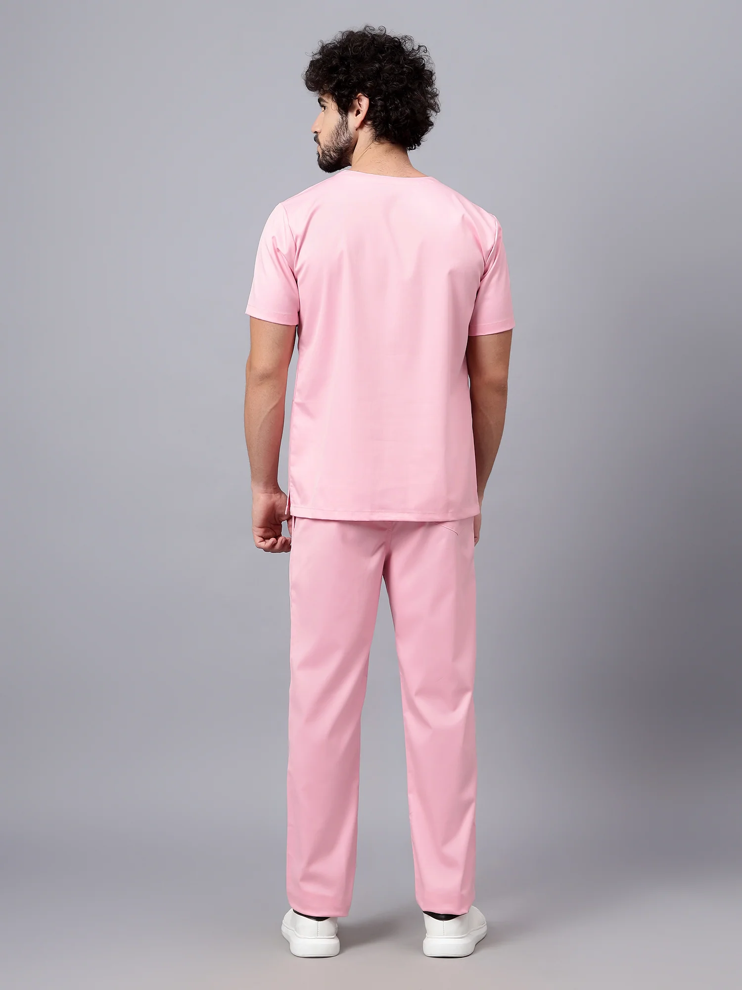 Stretchable (2Way) Men Powder Pink V-Neck With Straight Pant Scrub Set - Image 4