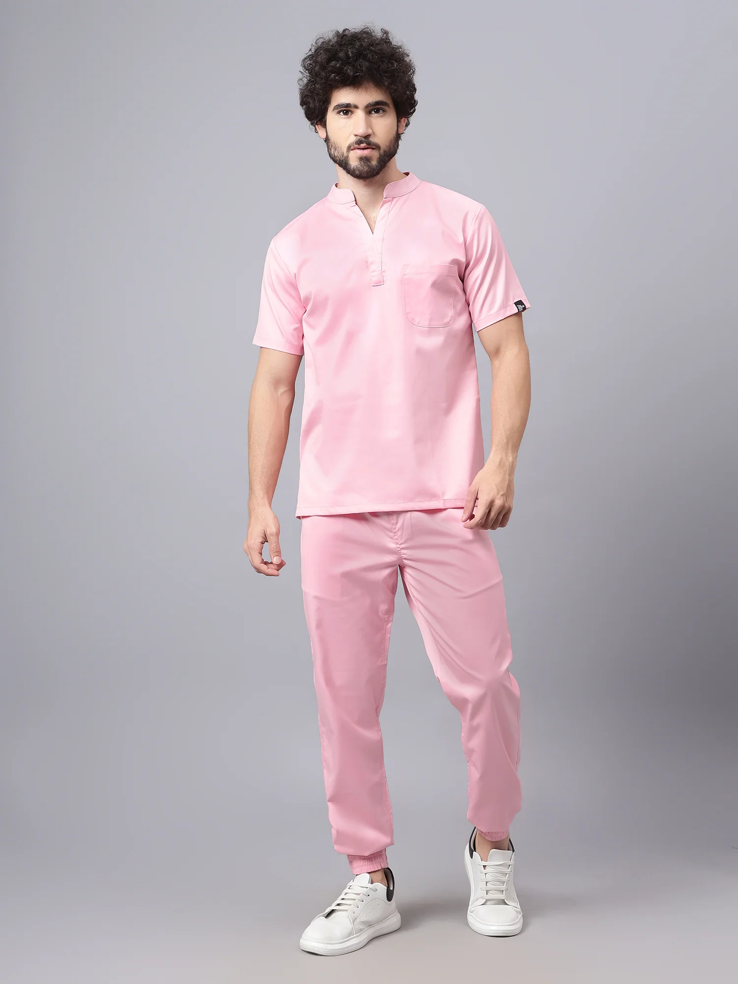 Stretchable (2Way) Men Powder Pink Mandarin Neck With Jogger Scrub Set - Image 4