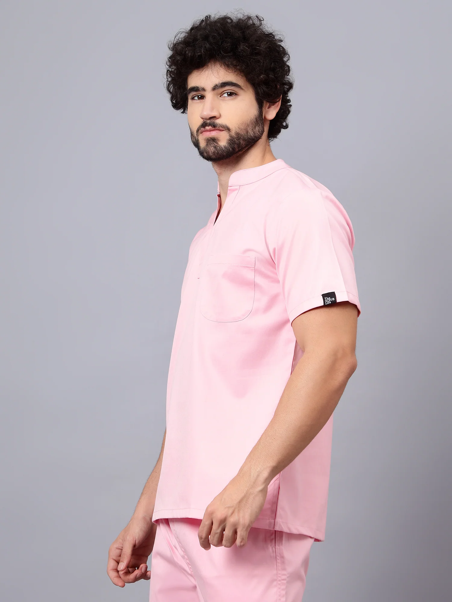 Stretchable (2Way) Men Powder Pink Mandarin Neck With Jogger Scrub Set - Image 5