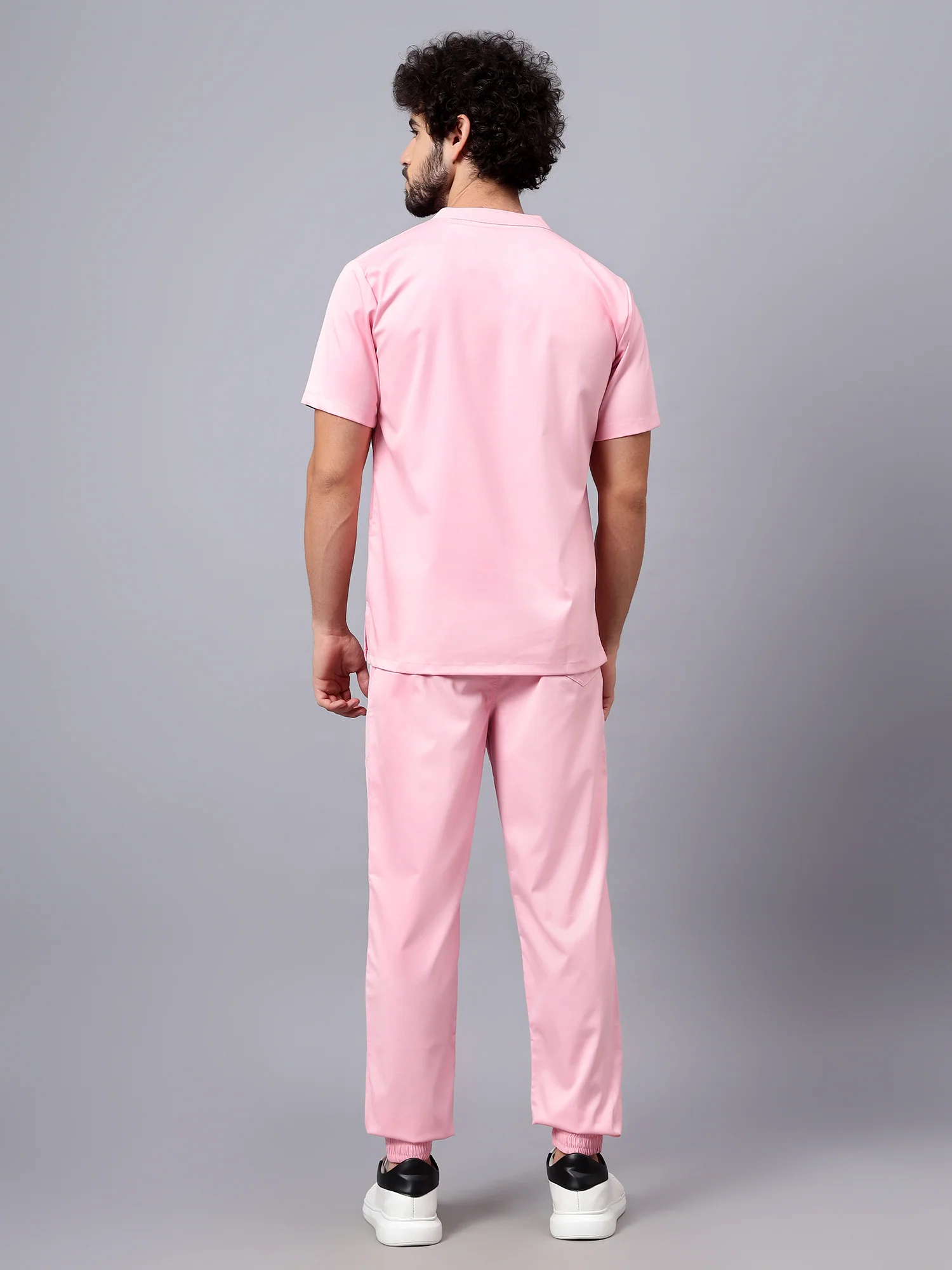Stretchable (2Way) Men Powder Pink Mandarin Neck With Jogger Scrub Set - Image 7