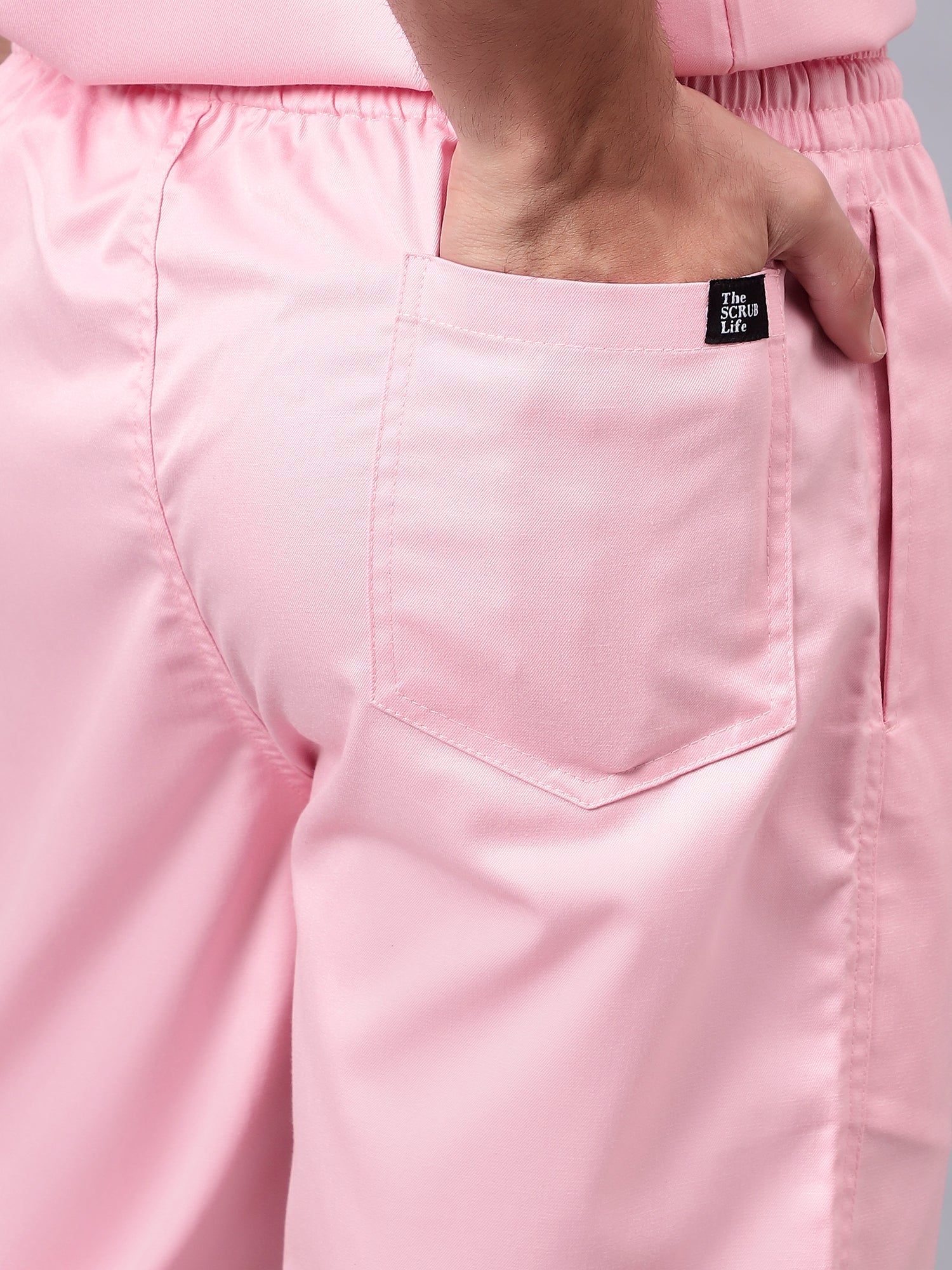 Stretchable (2Way) Men Powder Pink Mandarin Neck With Jogger Scrub Set - Image 8