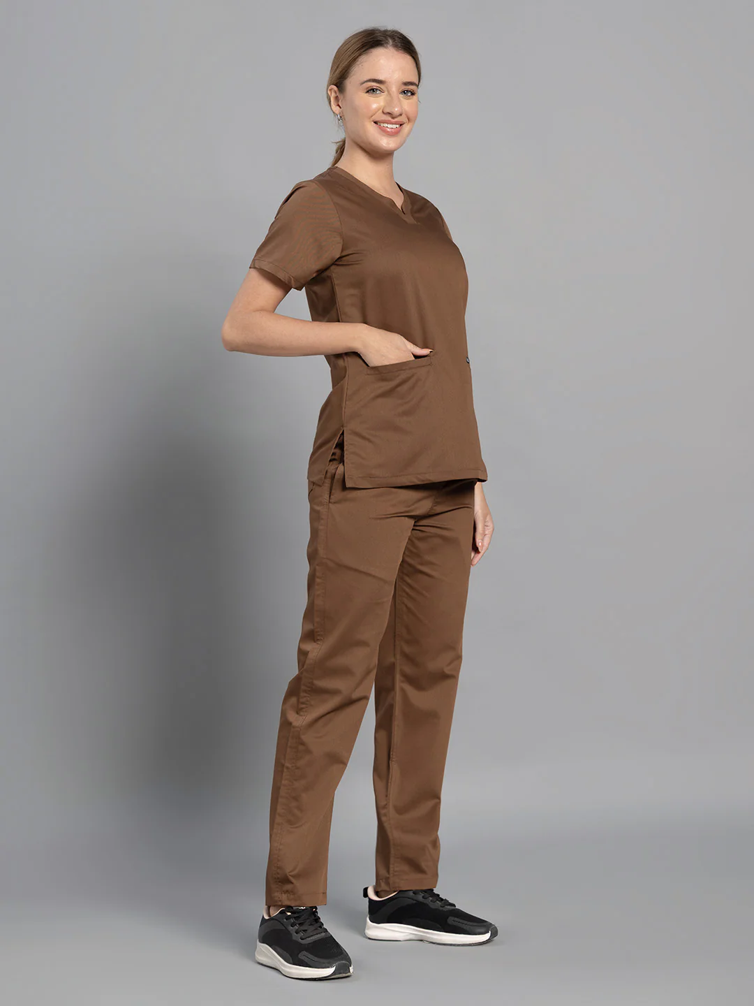 Move Lite Women Mocha (Soft V Neck) Scrub Set - Image 3