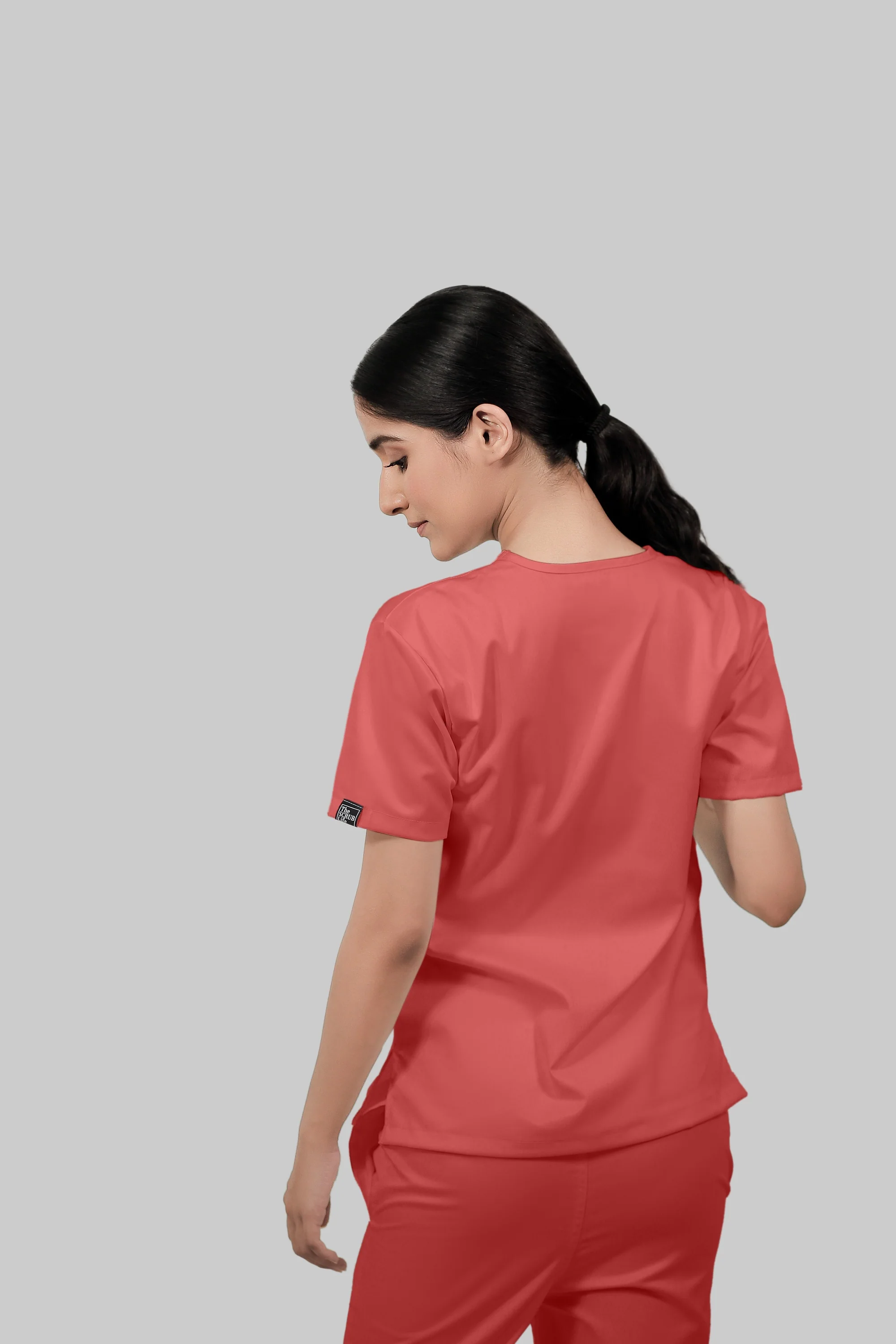 Stretchable (2Way) Women Peach V-Neck With Jogger Set - Image 2