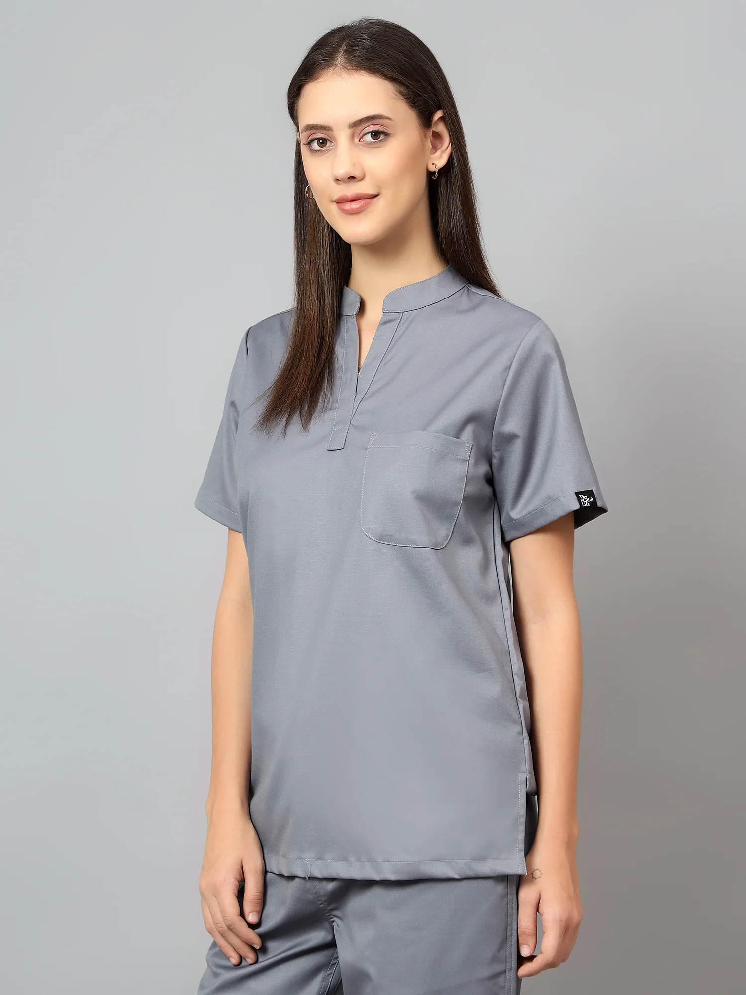 Stretchable (2Way) Women Graphite Mandarin Neck With Straight Pant Scrub Set - Image 4