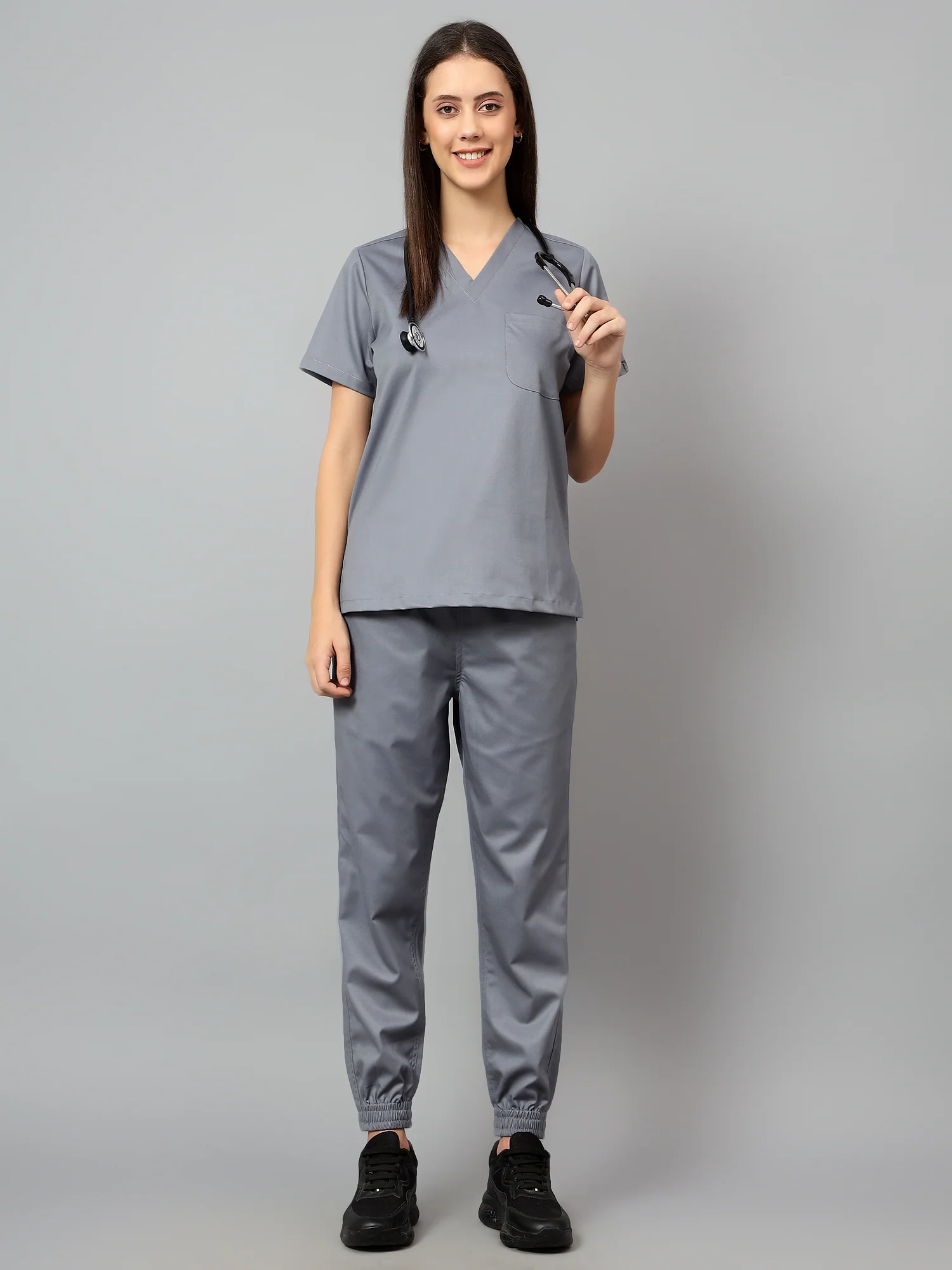 Stretchable (2Way) Women Graphite V-Neck With Jogger Scrub Set