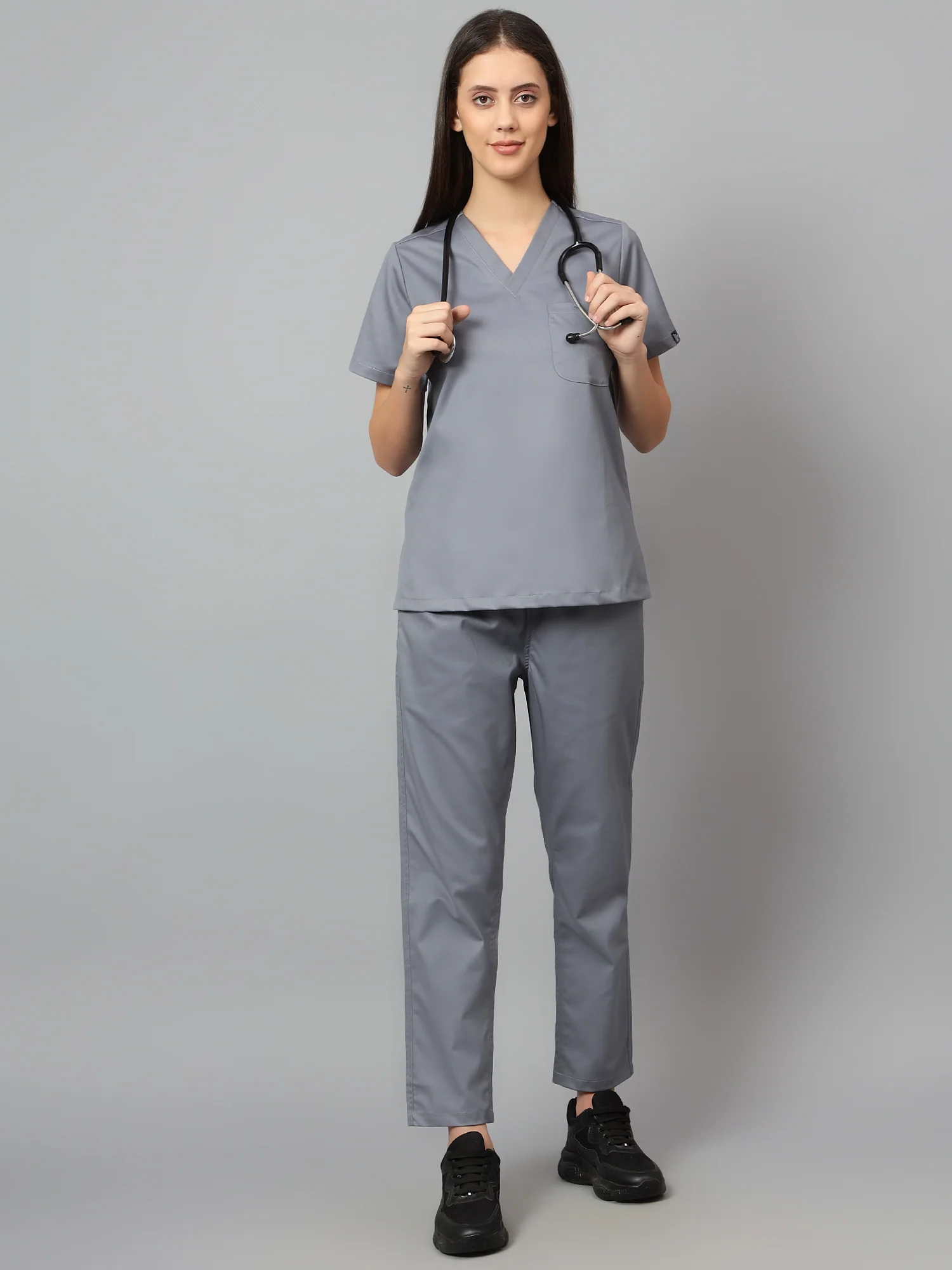 Stretchable (2Way) Women Graphite V-Neck With Straight Pant Scrub Set