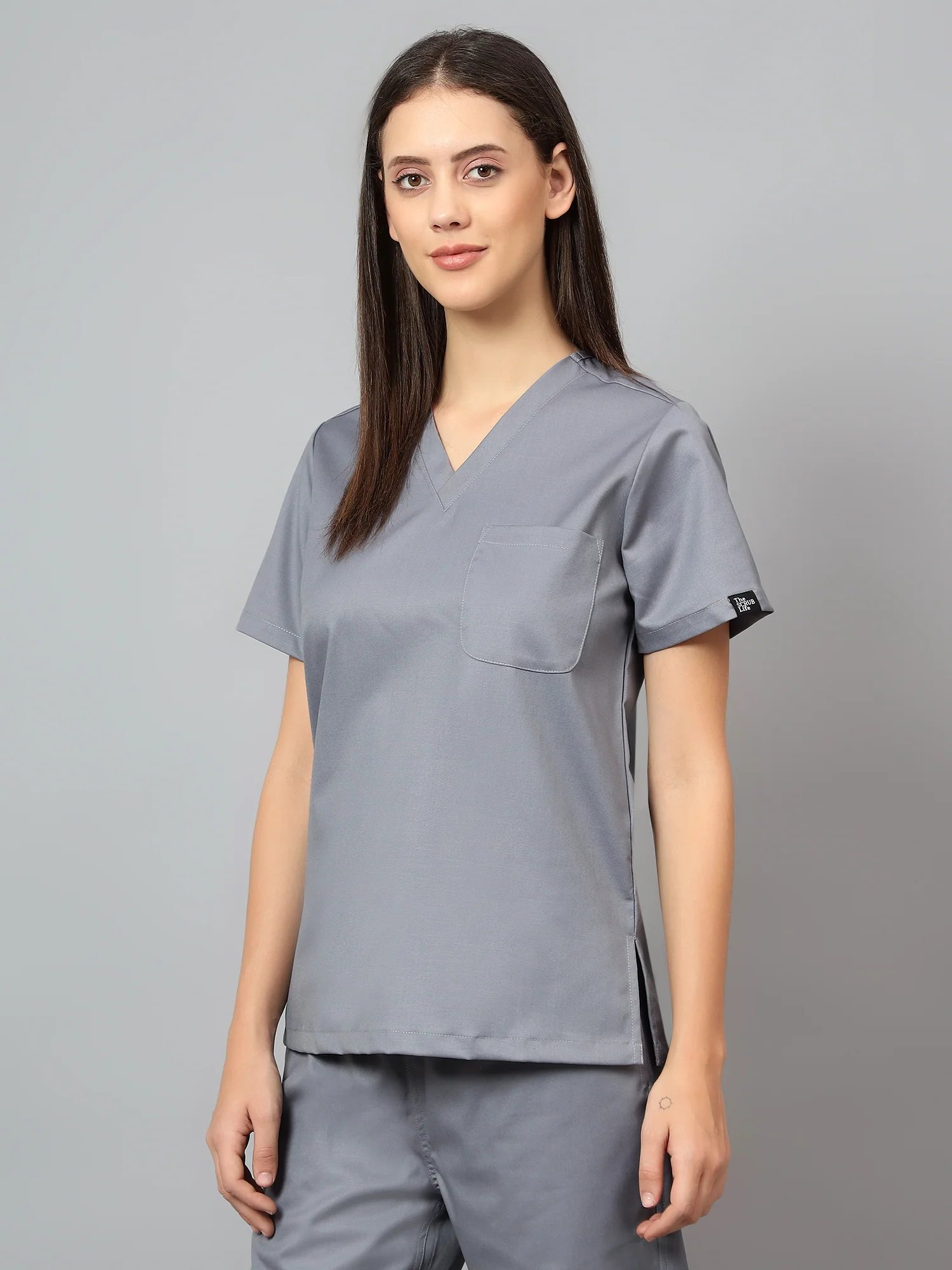 Stretchable (2Way) Women Graphite V-Neck With Straight Pant Scrub Set - Image 4