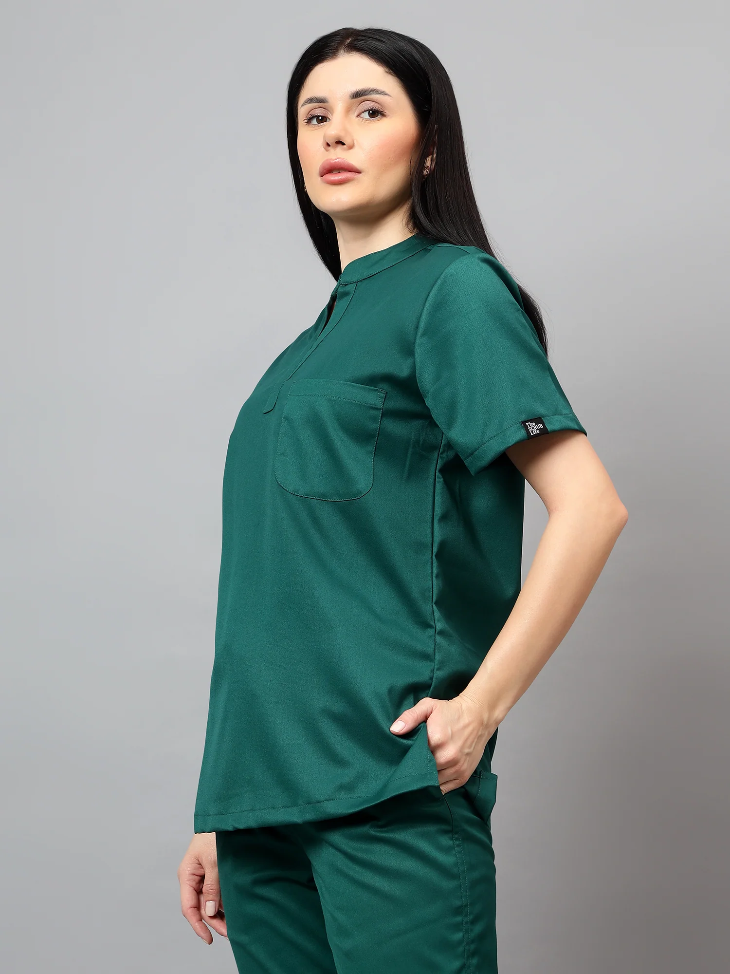 Stretchable (2Way) Women Hunter Green Mandarin Neck Scrub Top - Image 2