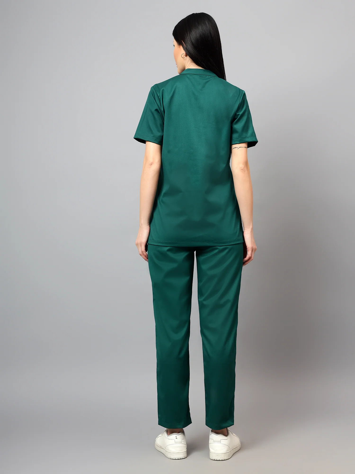 Stretchable (2Way) Women Hunter Green Mandarin Neck With Straight Pant Scrub Set - Image 2