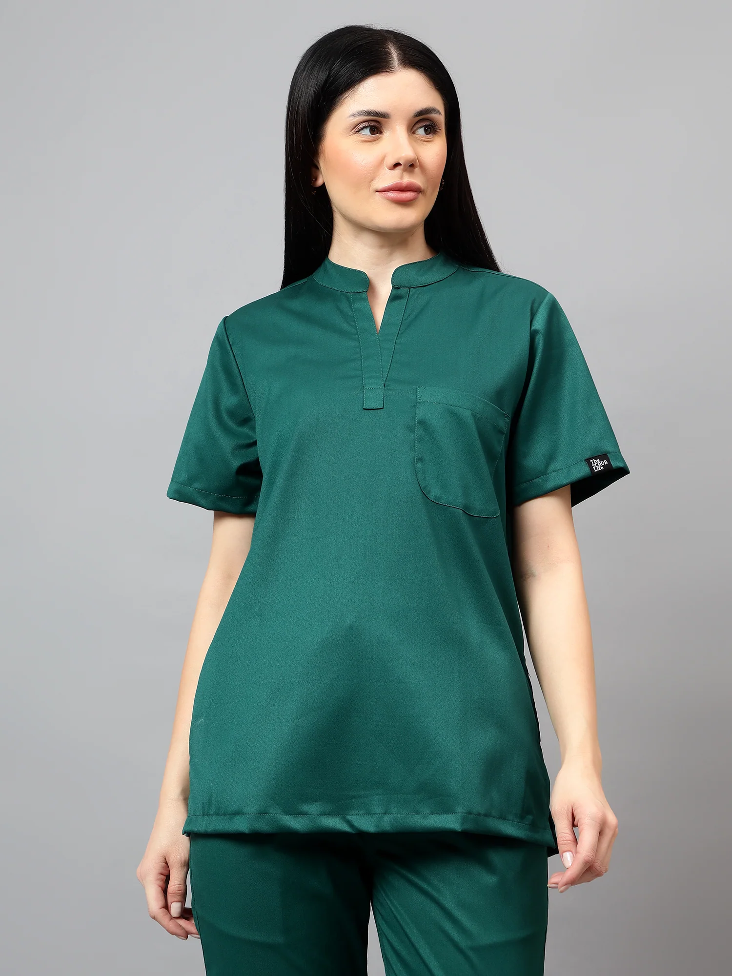 Stretchable (2Way) Women Hunter Green Mandarin Neck With Straight Pant Scrub Set - Image 6