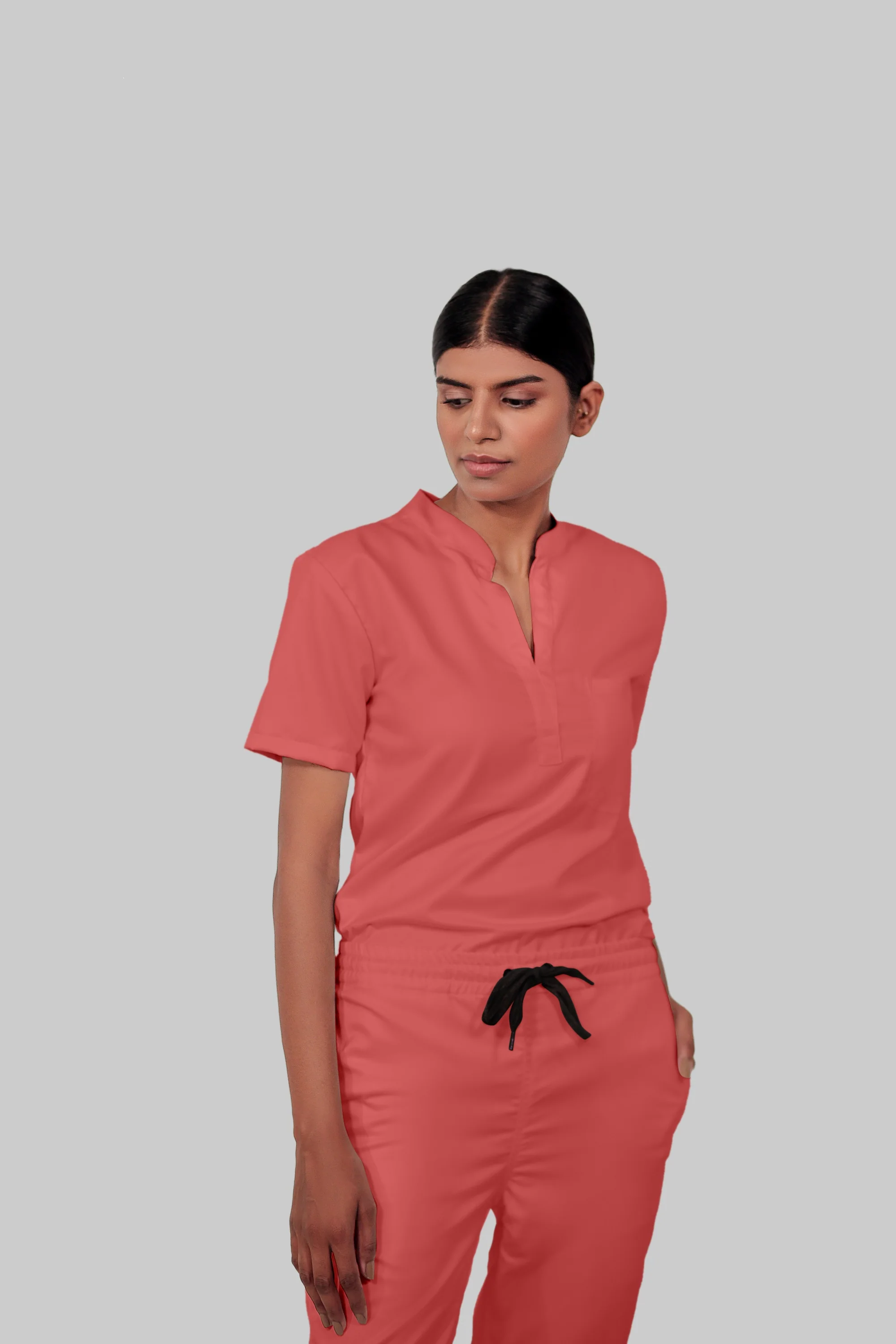 Stretchable (2Way) Women Peach Mandarin Neck Scrub Top - Image 2