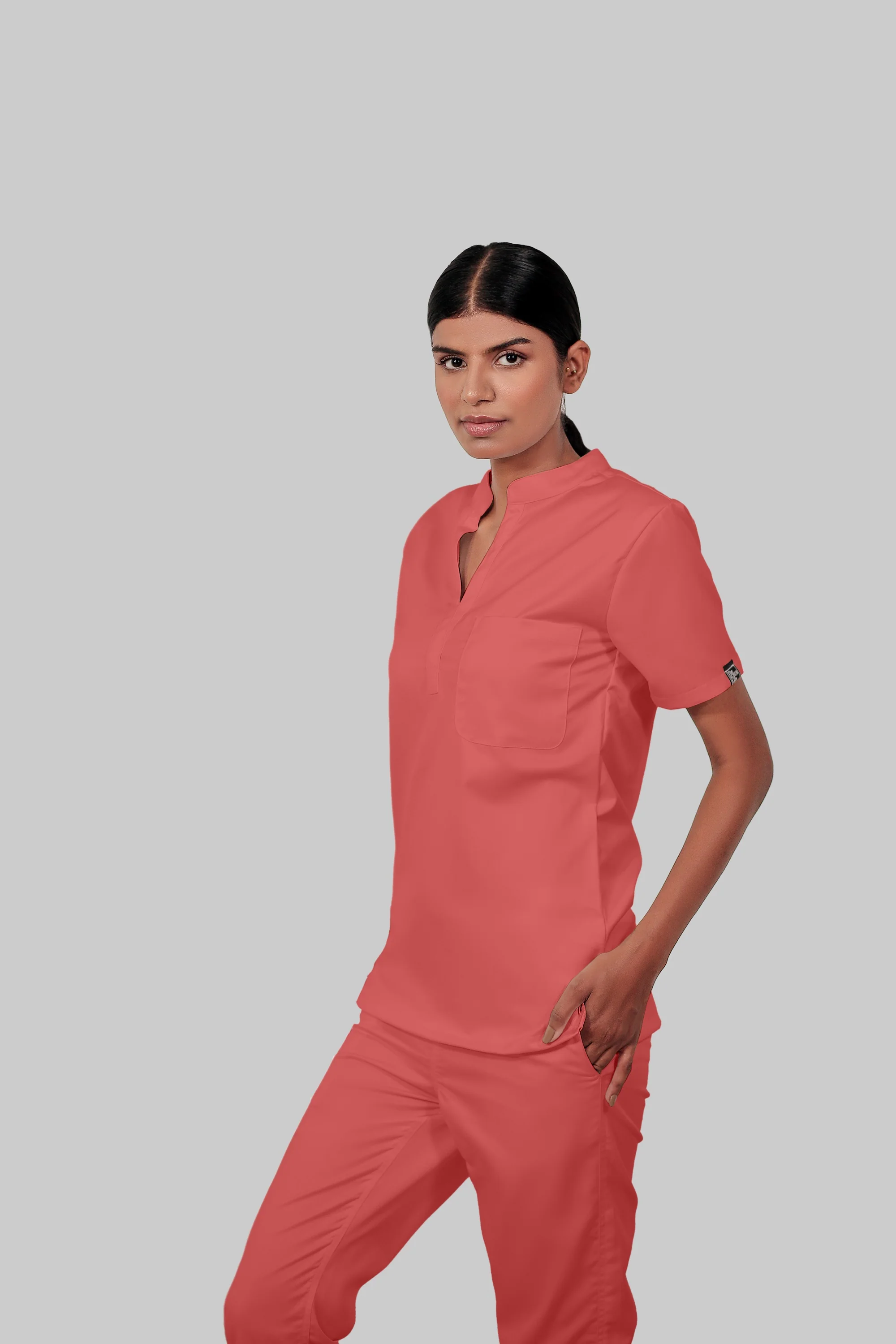 Stretchable (2Way) Women Peach Mandarin Neck Scrub Top - Image 3