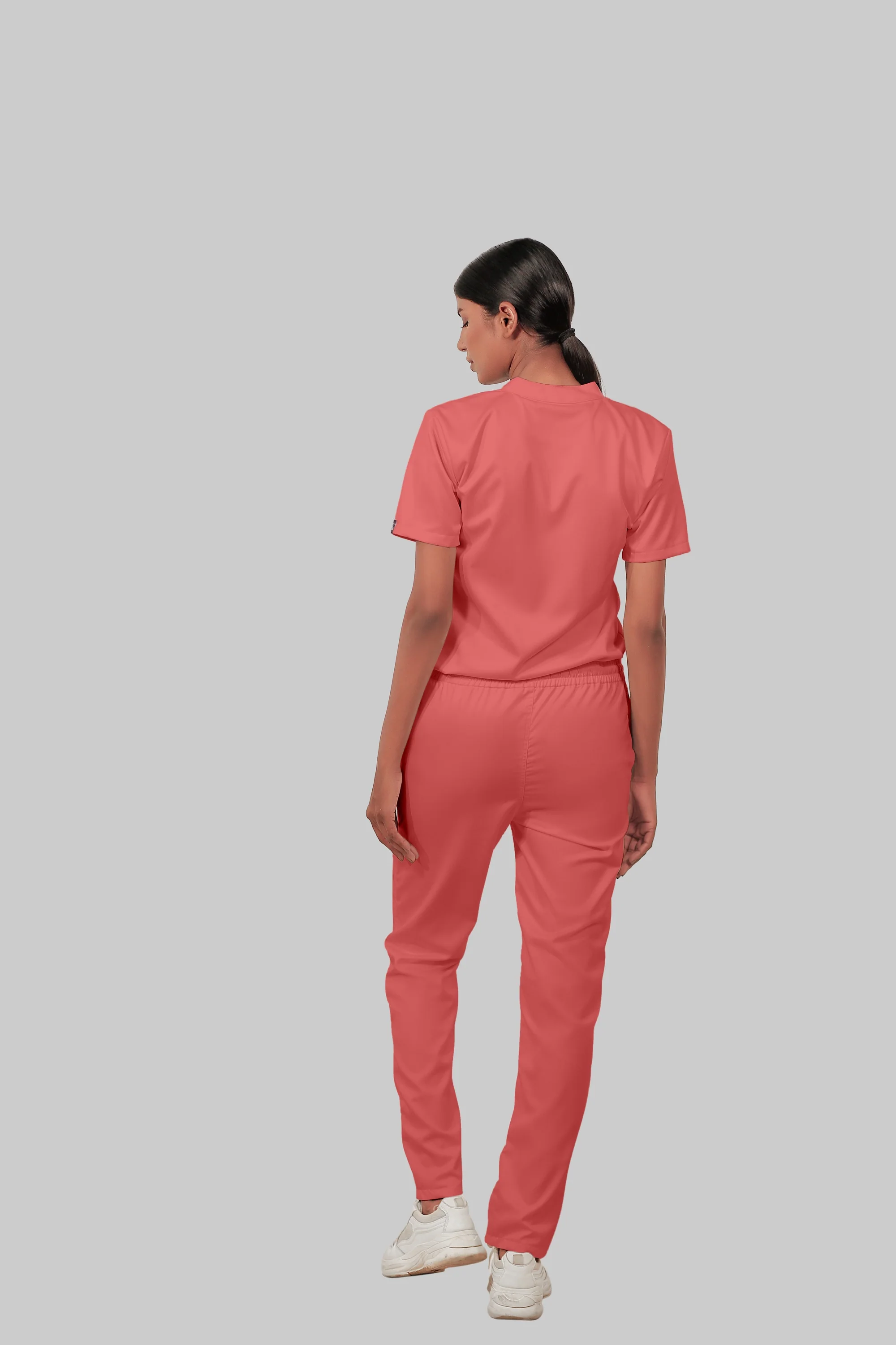 Stretchable (2Way) Women Peach Mandarin Neck With Straight Pant Scrub Set - Image 2
