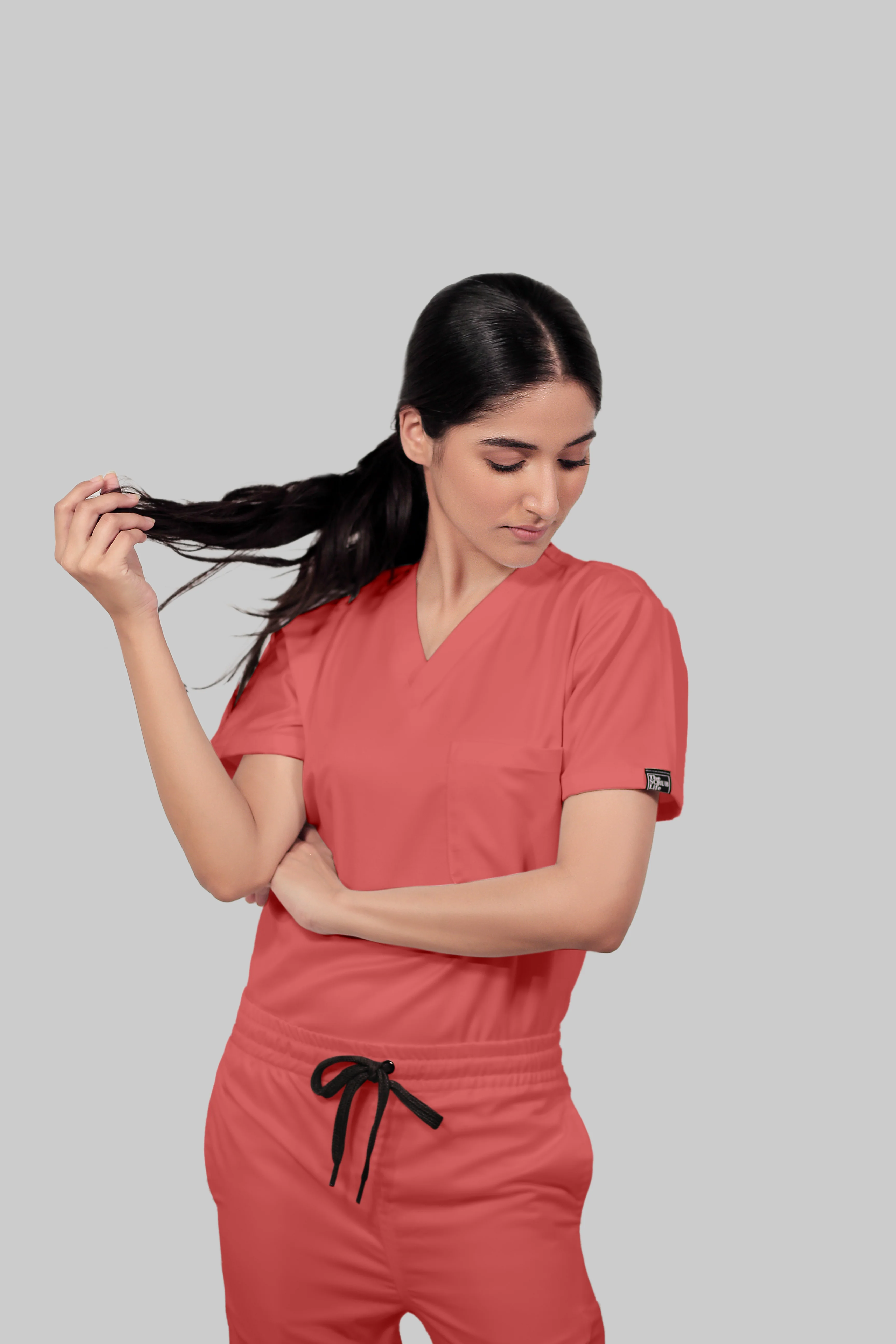 Stretchable (2Way) Women Peach V-Neck Scrub Top - Image 3