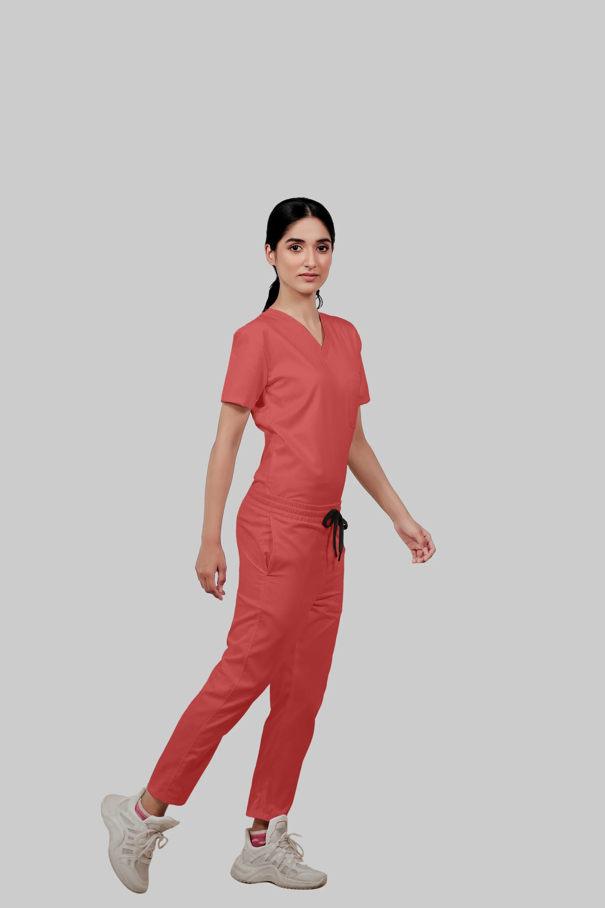 Stretchable (2Way) Women Peach V-Neck With Straight Pant Scrub Set