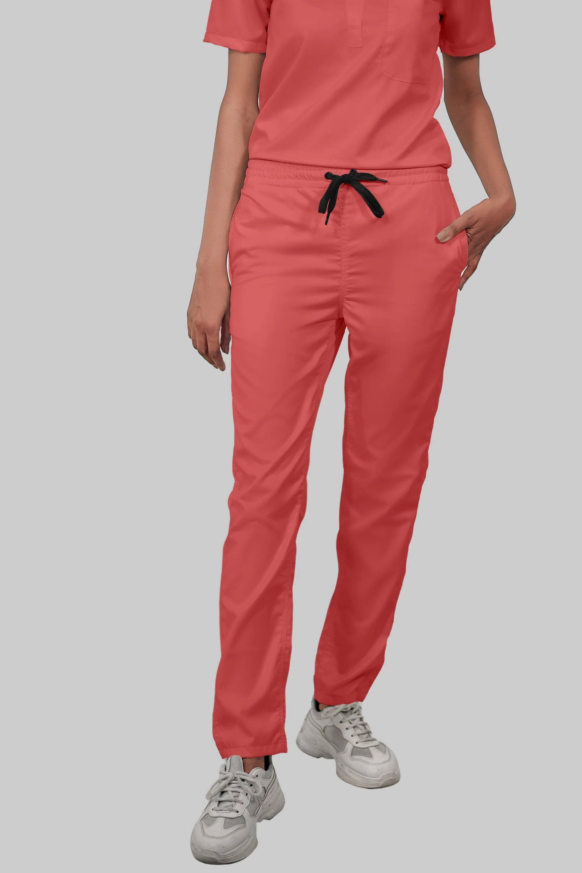 Stretchable (2Way) Women Peach V-Neck With Straight Pant Scrub Set - Image 5