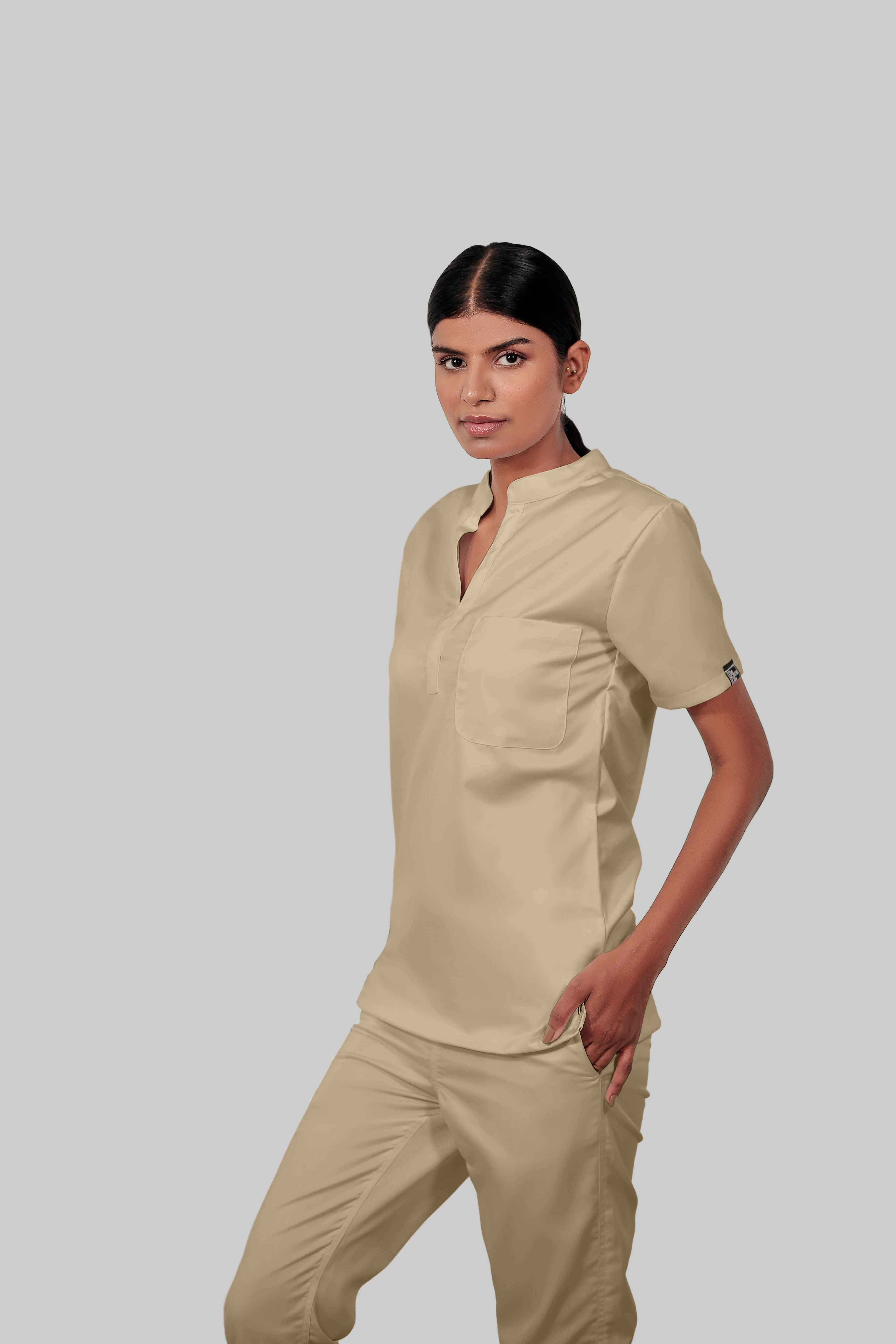 Stretchable (4Way) Women Beige Mandarin Neck Scrub Top - Image 3