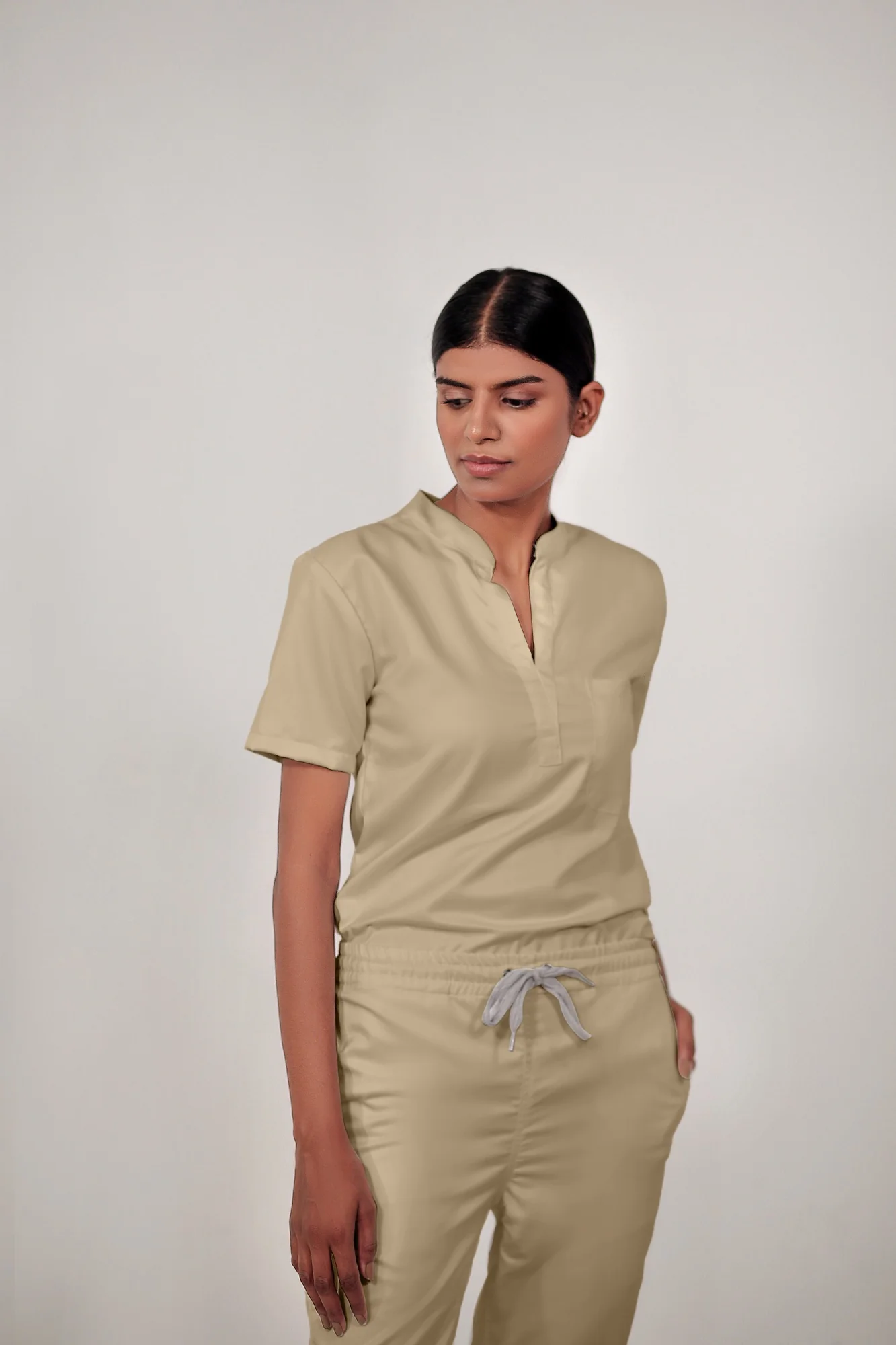 Stretchable (4Way) Women Beige Mandarin Neck With Straight Pant Scrub Set - Image 5