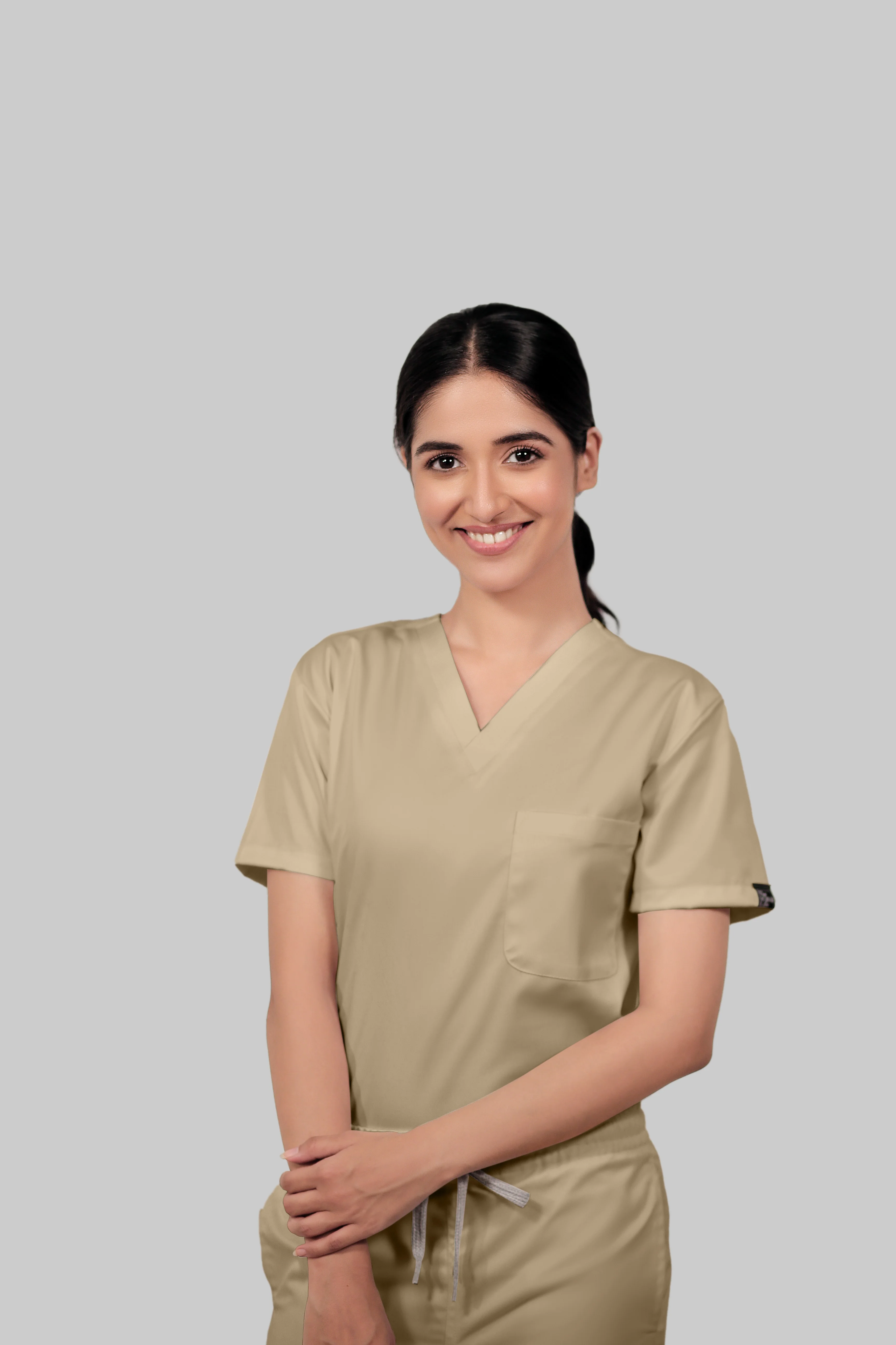 Stretchable (4Way) Women Beige V-Neck Scrub Top
